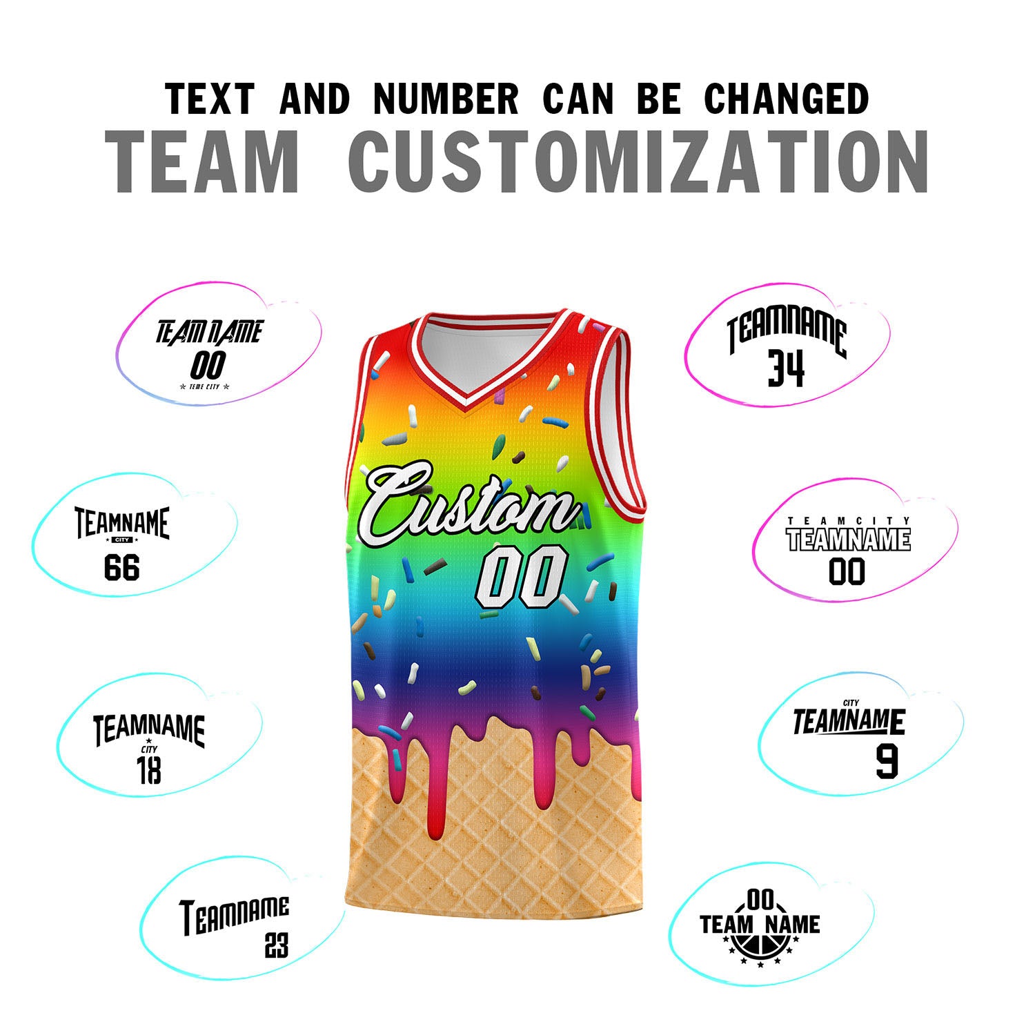 Custom Rainbow Basketball Kits with Ice Cream Element Pattern