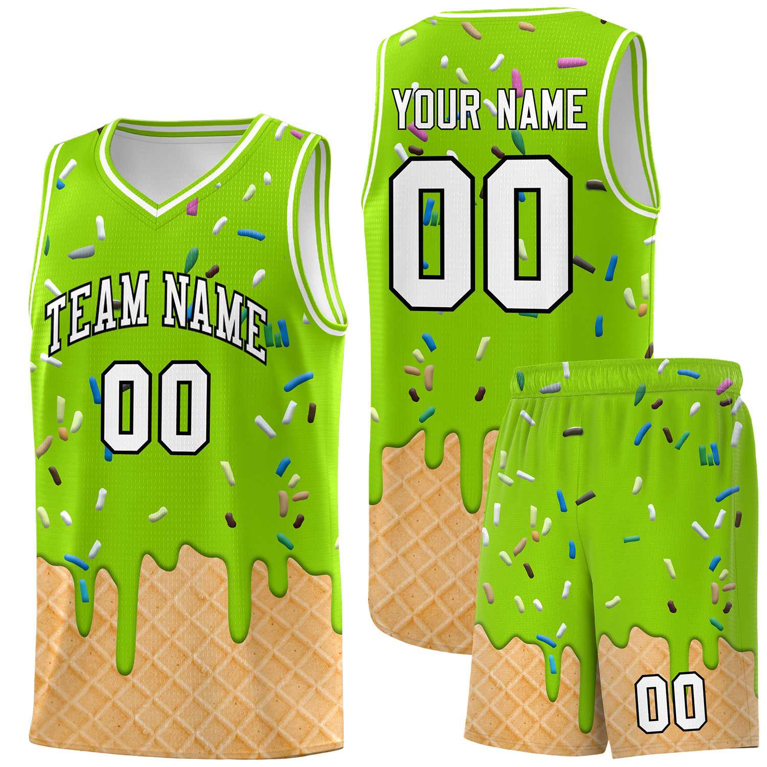 Custom Neon Green Basketball Kits with Ice Cream Element Pattern