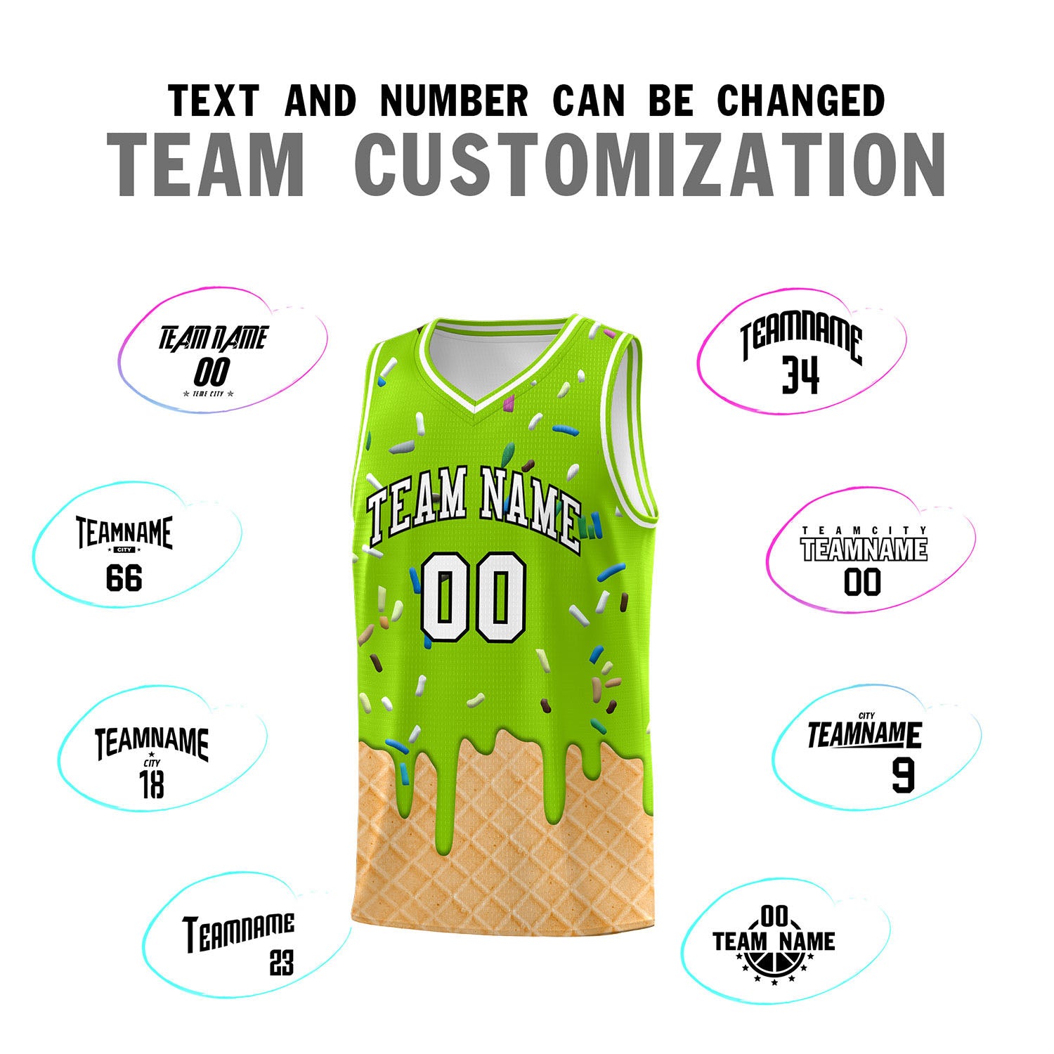 Custom Neon Green Basketball Kits with Ice Cream Element Pattern
