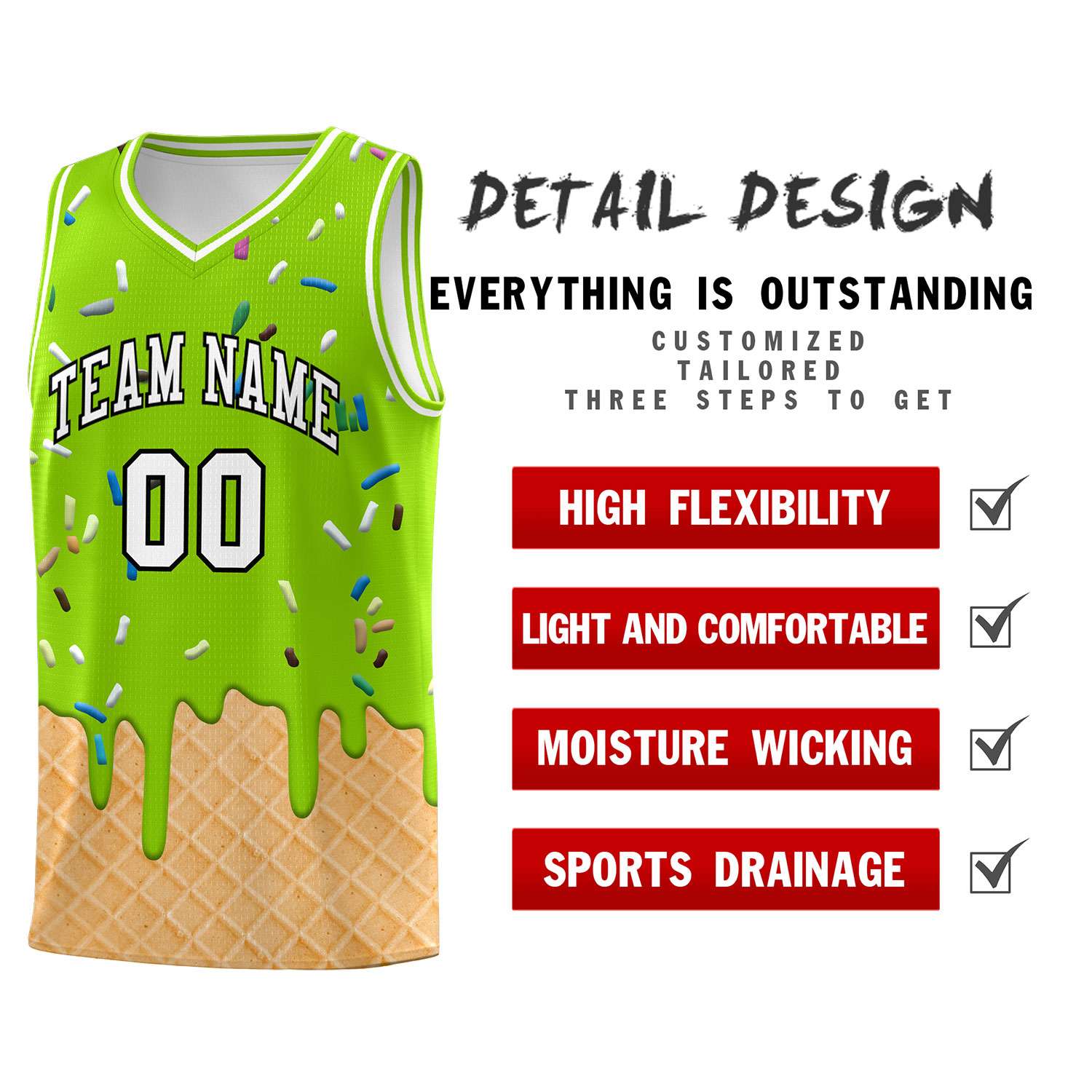 Custom Neon Green Basketball Kits with Ice Cream Element Pattern
