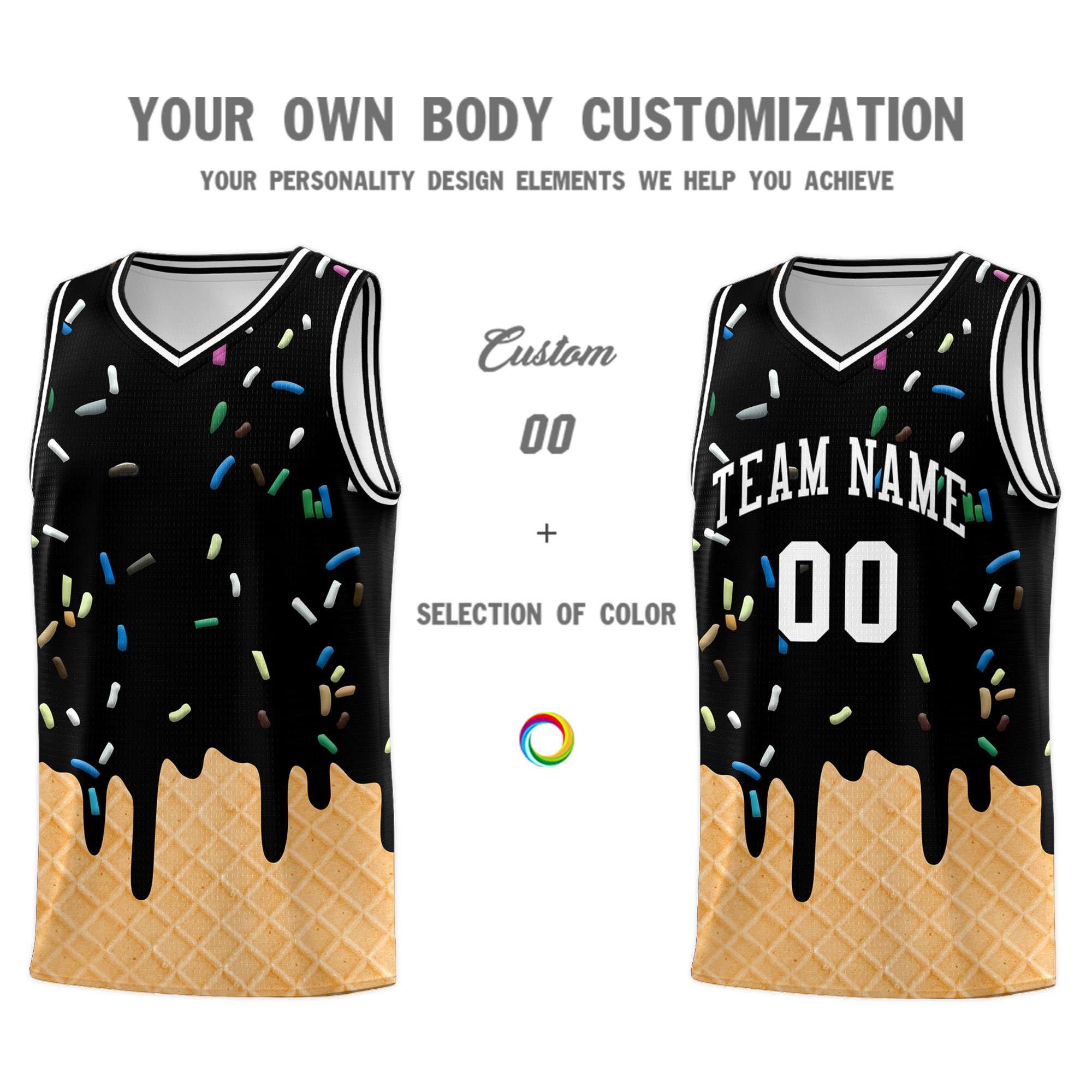 Custom Black Basketball Kits with Ice Cream Element Pattern
