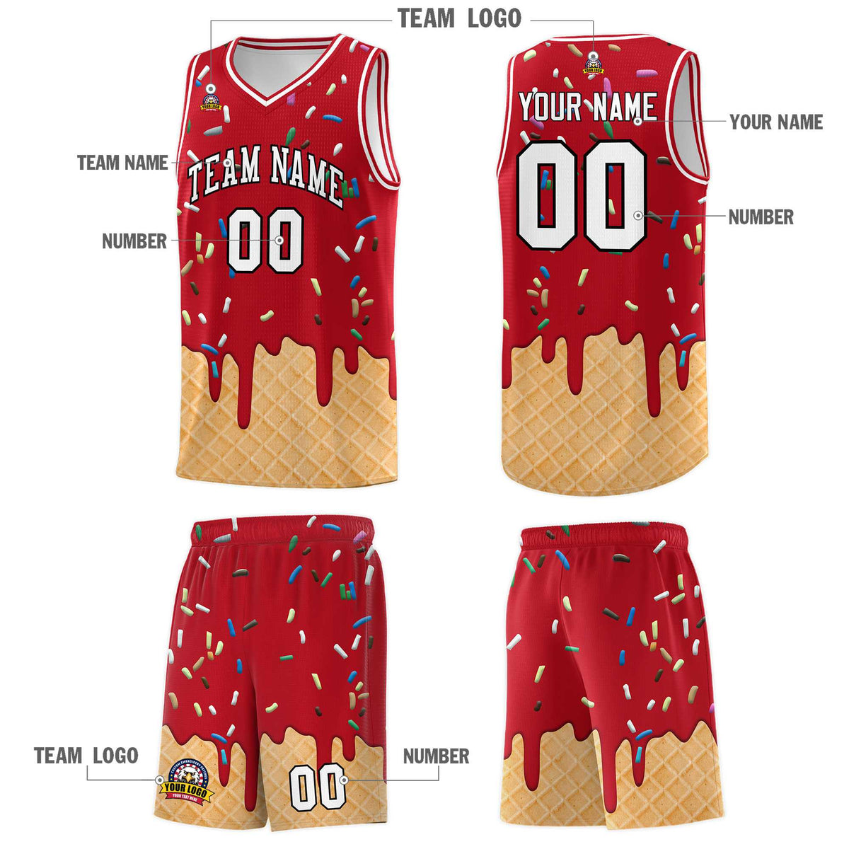 Custom Red Basketball Kits with Ice Cream Element Pattern
