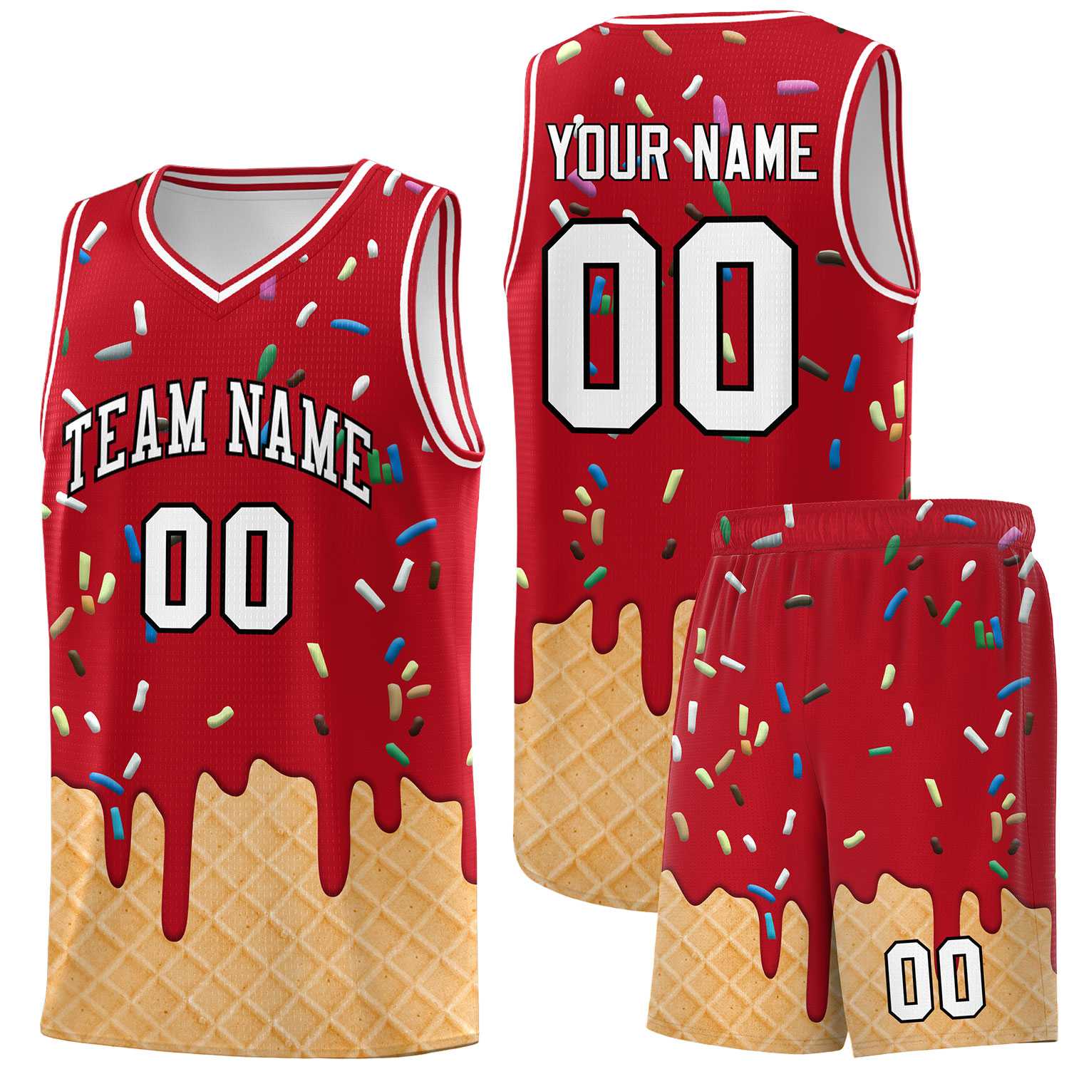 Custom Red Basketball Kits with Ice Cream Element Pattern