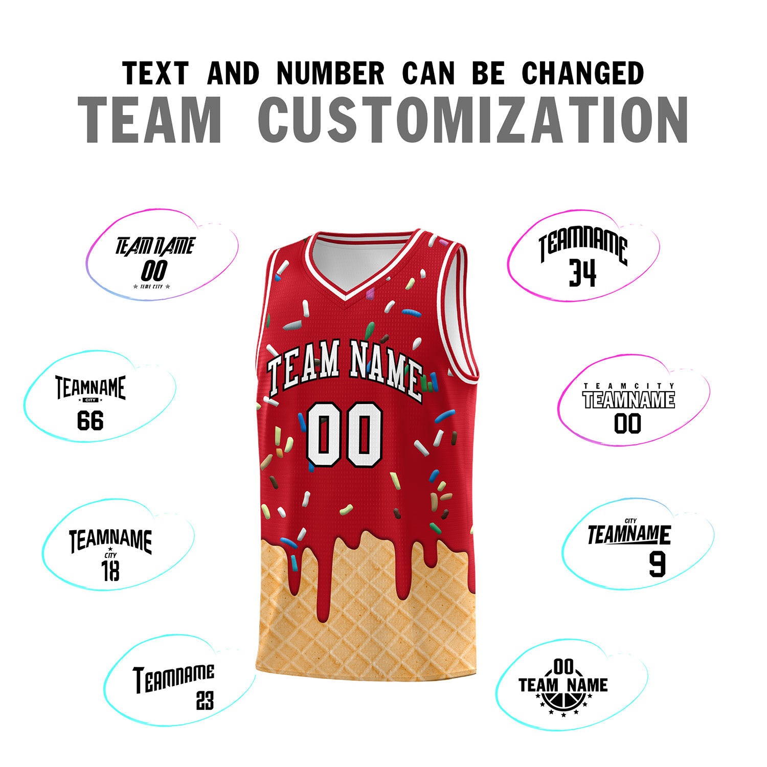 Custom Red Basketball Kits with Ice Cream Element Pattern