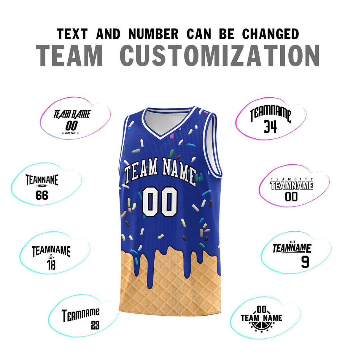 Custom Royal Blue Basketball Kits with Ice Cream Element Pattern