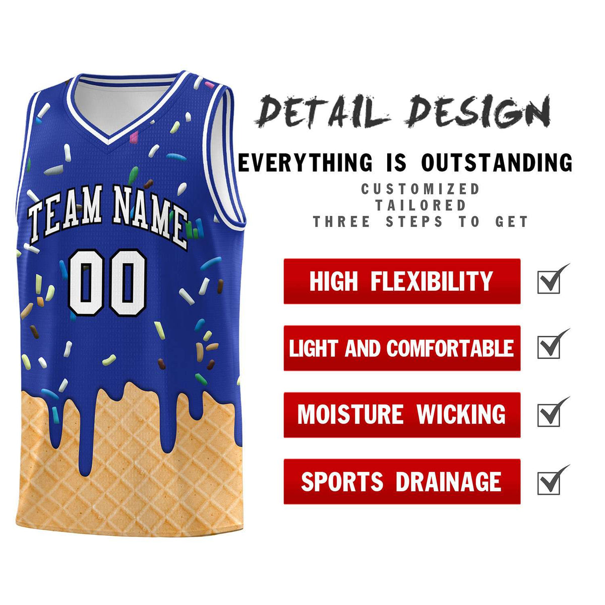 Custom Royal Blue Basketball Kits with Ice Cream Element Pattern