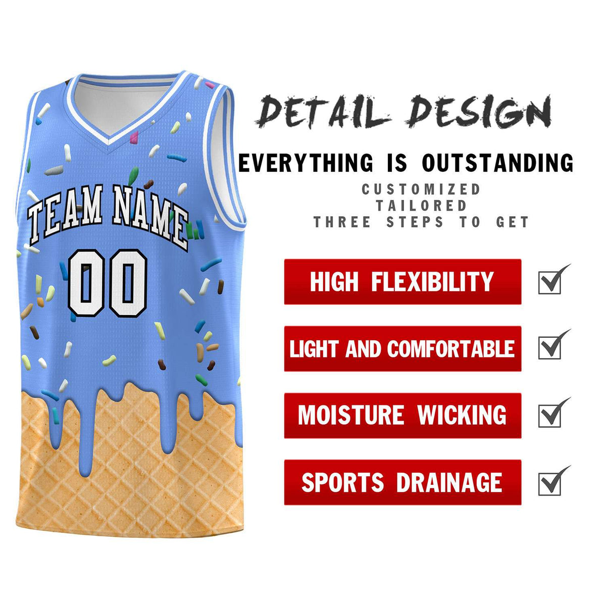 Custom Light Blue Basketball Kits with Ice Cream Element Pattern