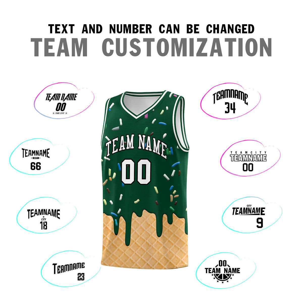 Custom Green Basketball Kits with Ice Cream Element Pattern