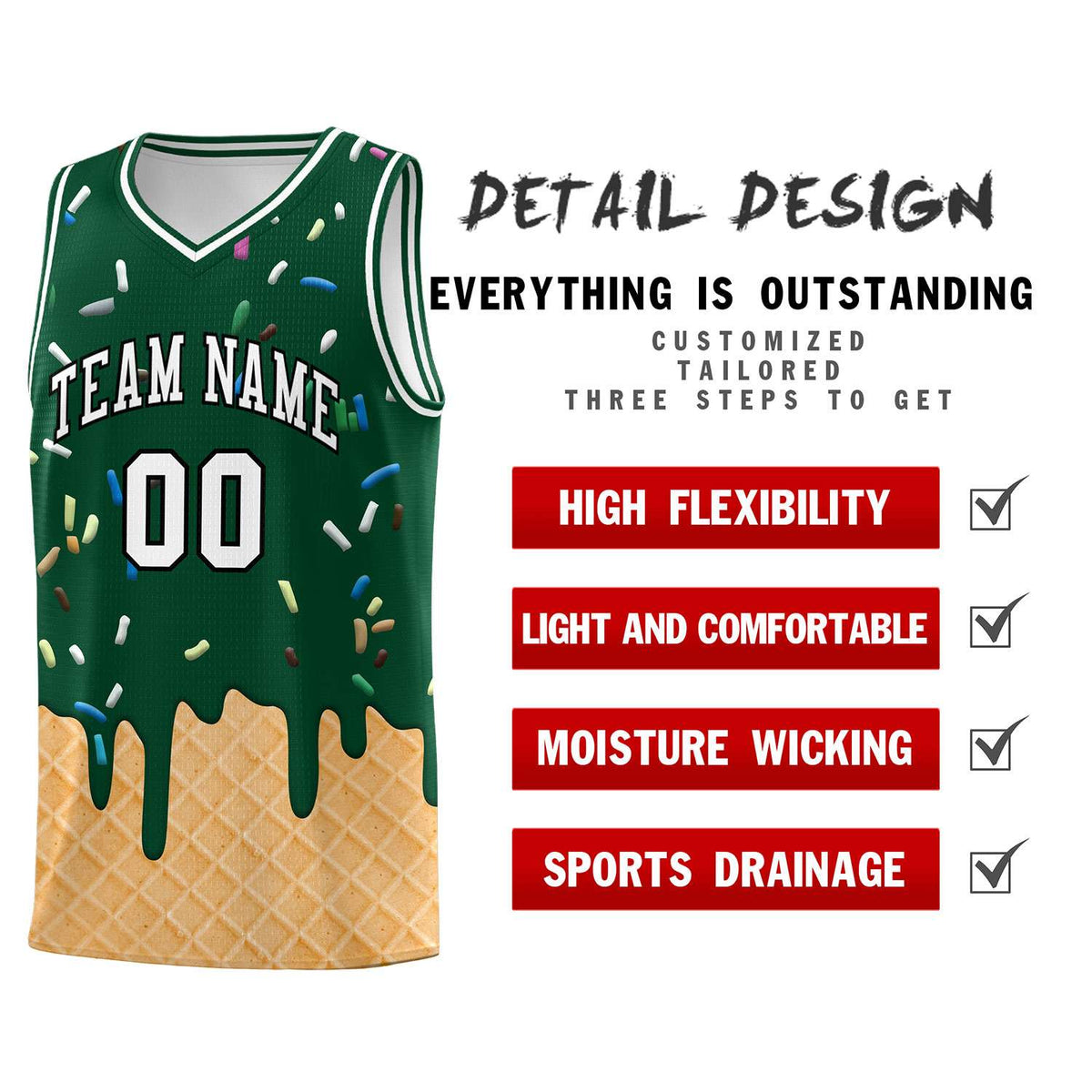 Custom Green Basketball Kits with Ice Cream Element Pattern