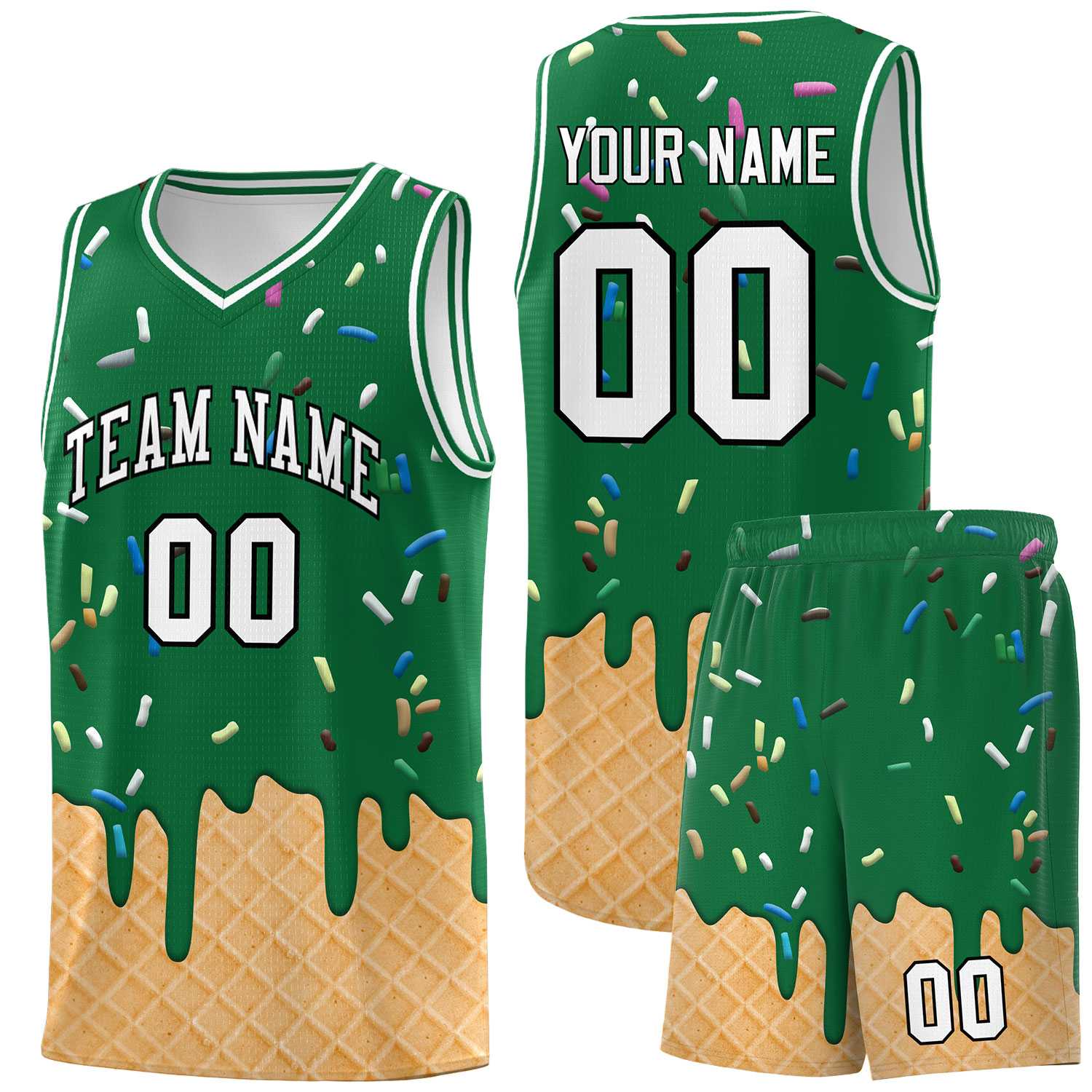 Custom Kelly Green Basketball Kits with Ice Cream Element Pattern