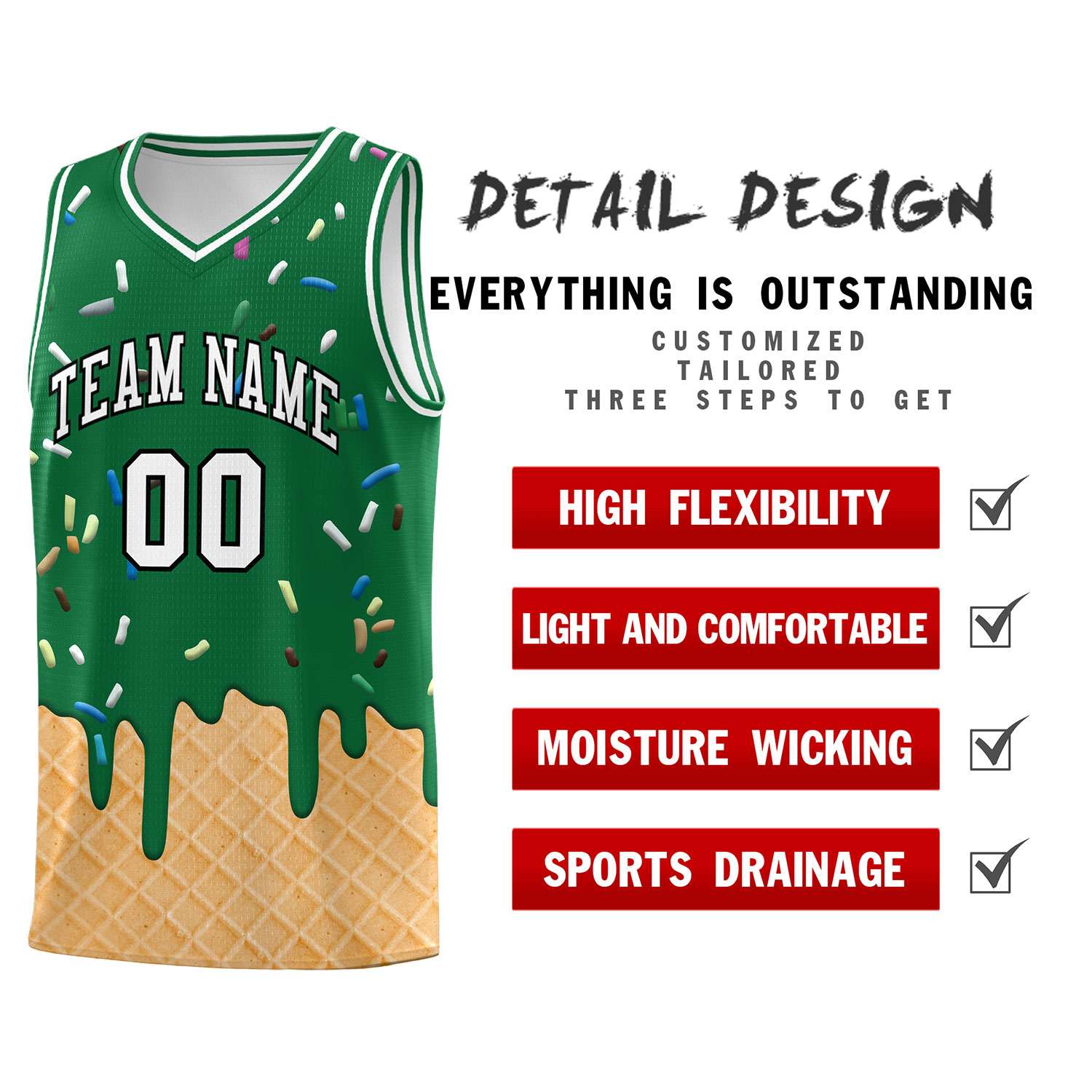 Custom Kelly Green Basketball Kits with Ice Cream Element Pattern