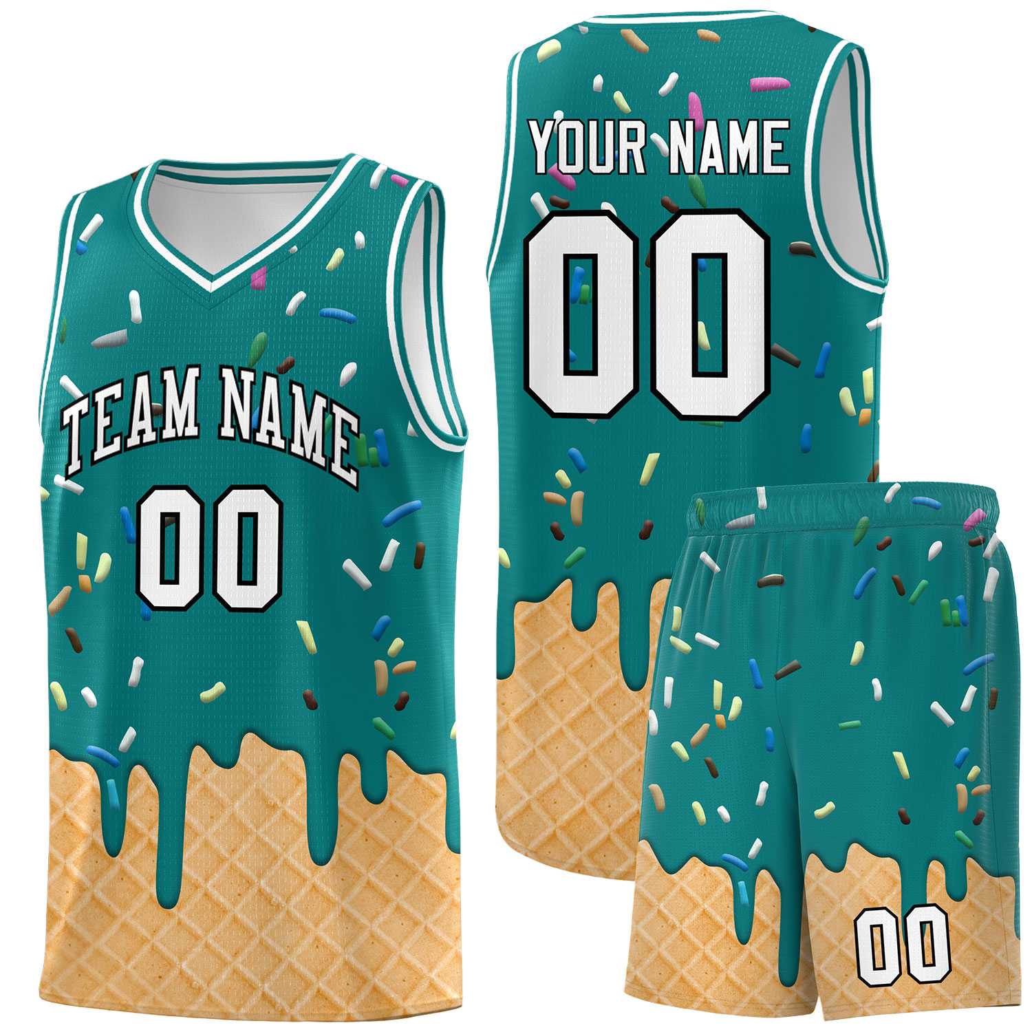 Custom Teal Basketball Kits with Ice Cream Element Pattern