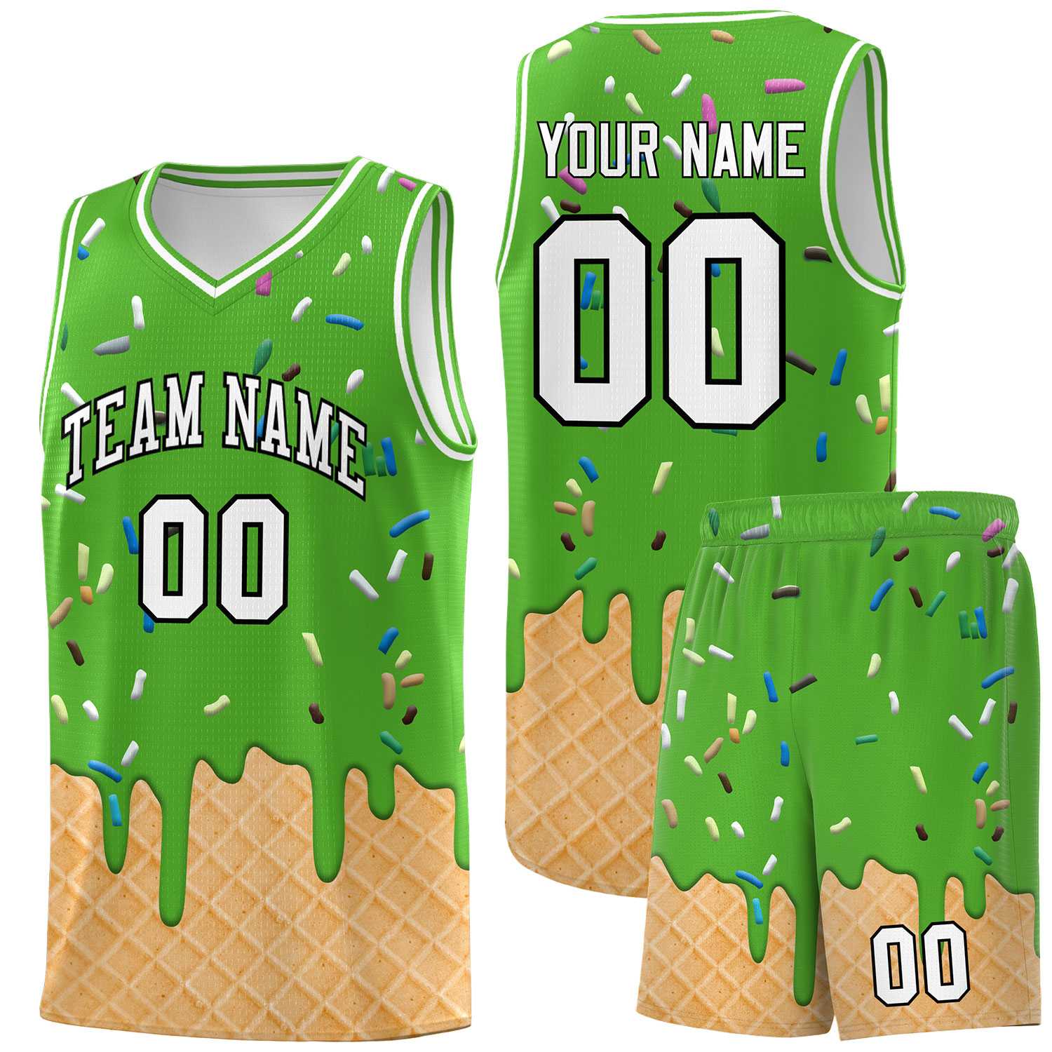 Custom Light Green Basketball Kits with Ice Cream Element Pattern