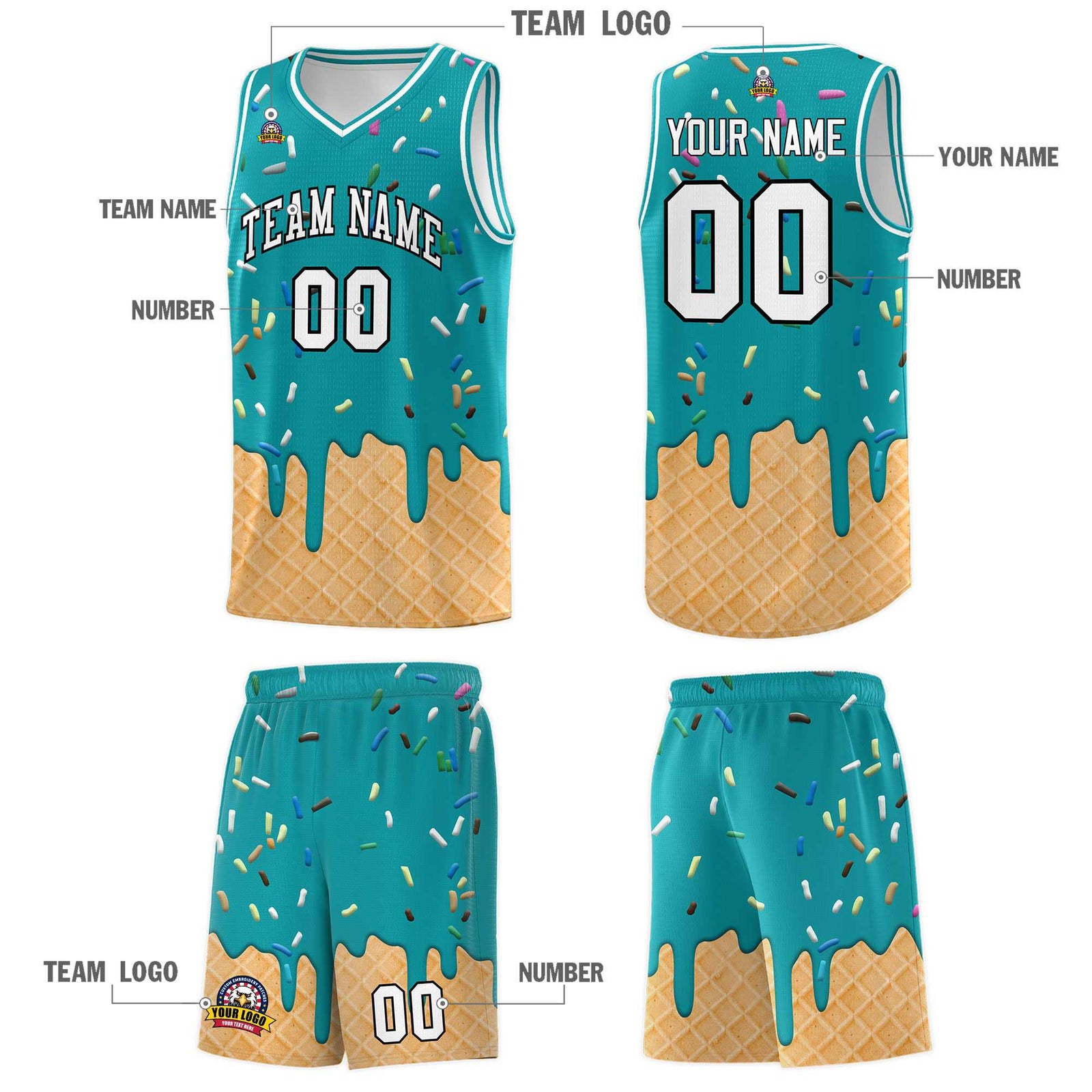 Custom Aqua Basketball Kits with Ice Cream Element Pattern