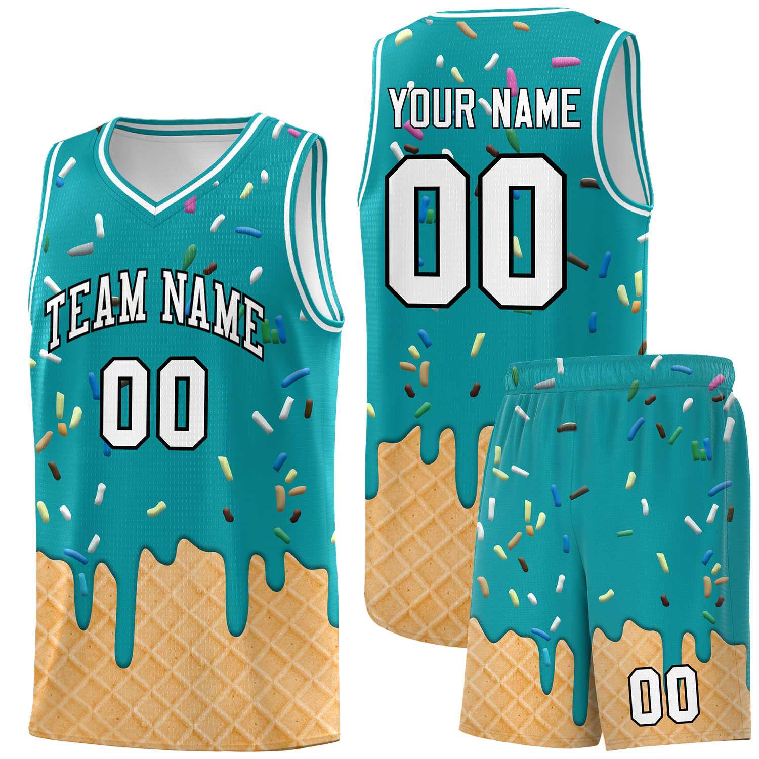 Custom Aqua Basketball Kits with Ice Cream Element Pattern