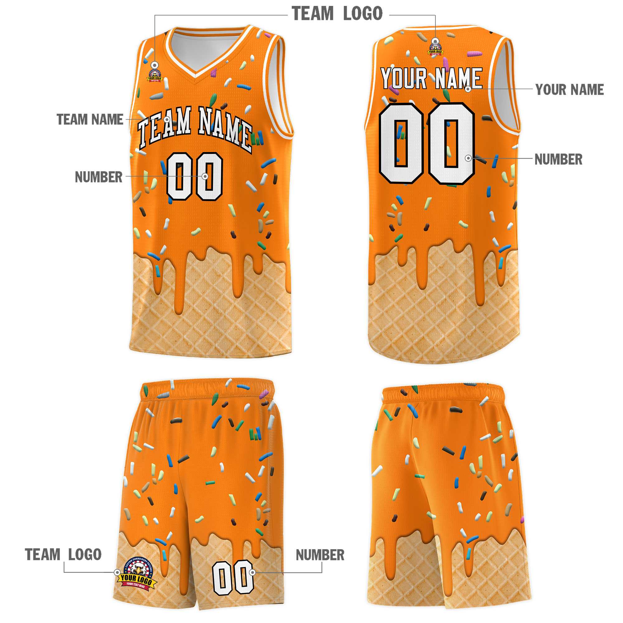 Custom Orange Basketball Kits with Ice Cream Element Pattern
