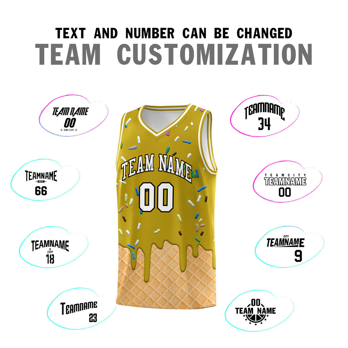 Custom Old Gold Basketball Kits with Ice Cream Element Pattern