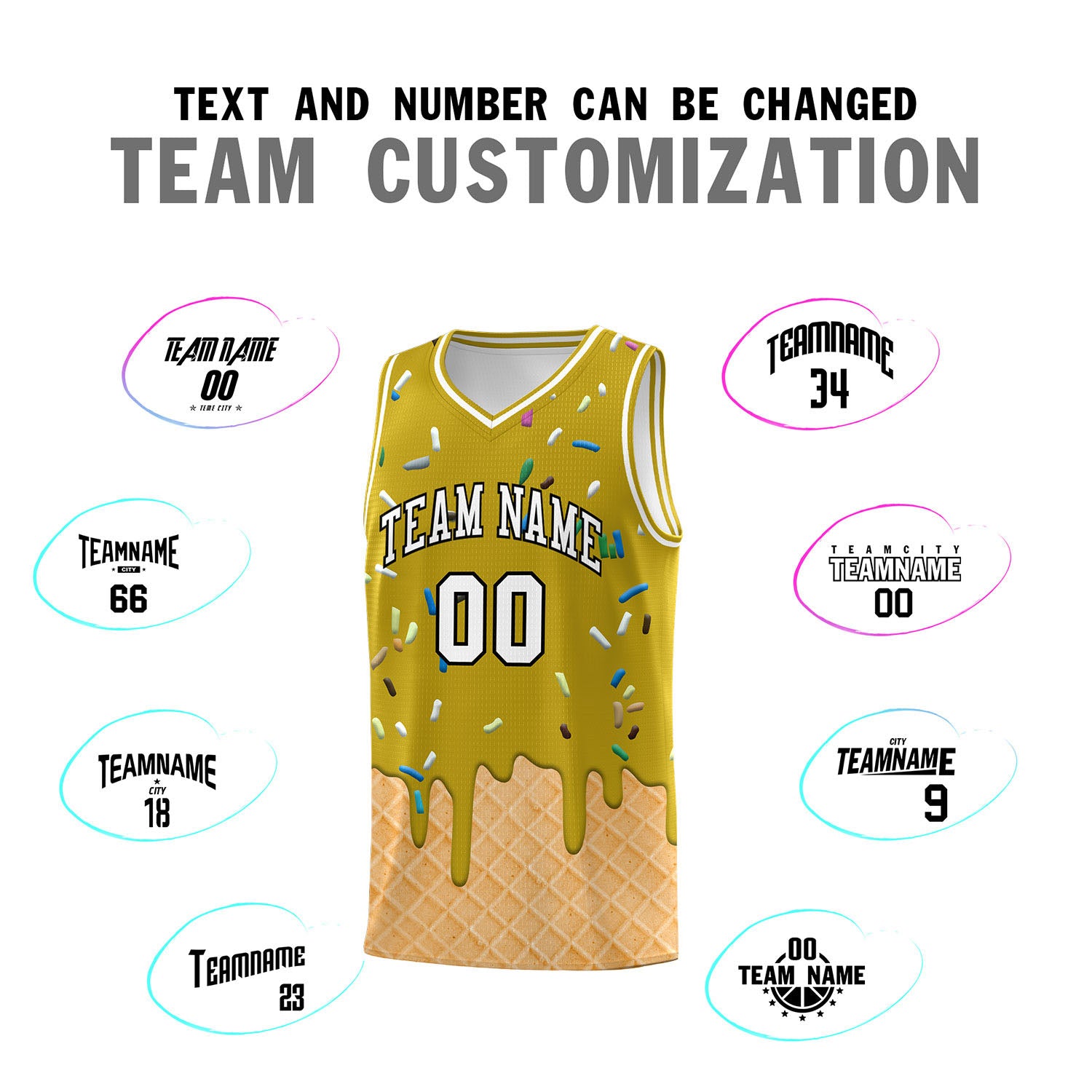 Custom Old Gold Basketball Kits with Ice Cream Element Pattern