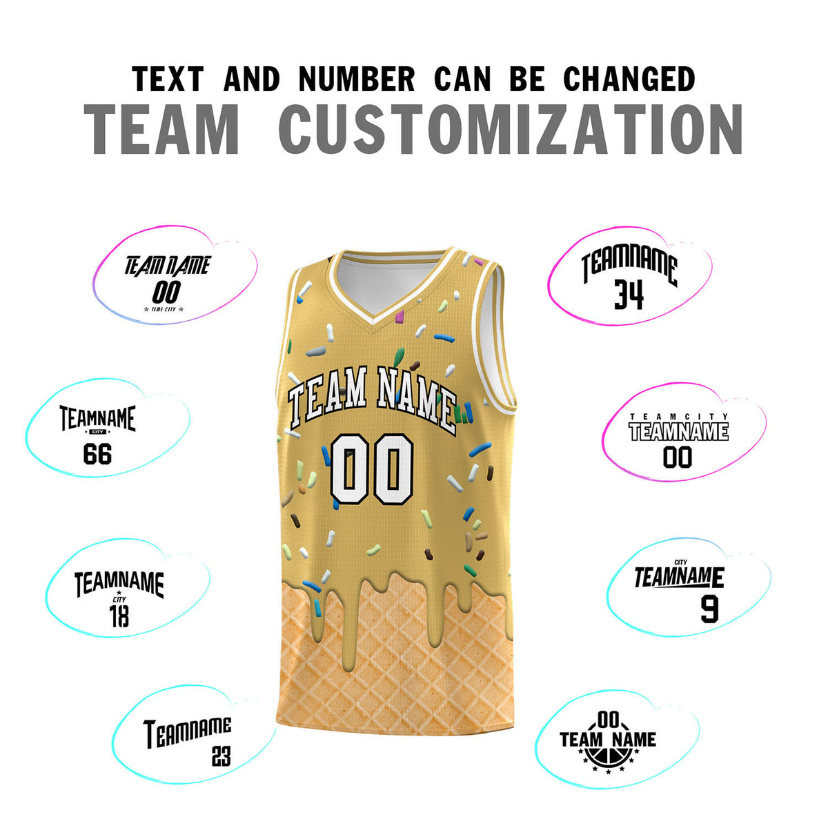 Custom Old Gold Basketball Kits with Ice Cream Element Pattern