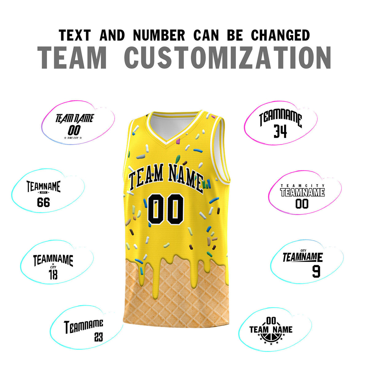 Custom Gold Basketball Kits with Ice Cream Element Pattern
