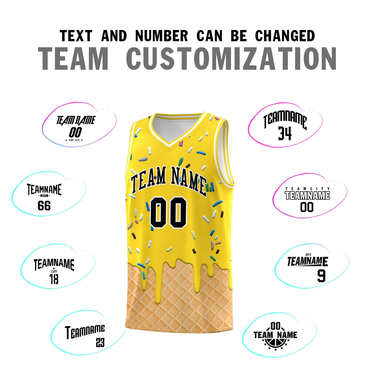 Custom Gold Basketball Kits with Ice Cream Element Pattern