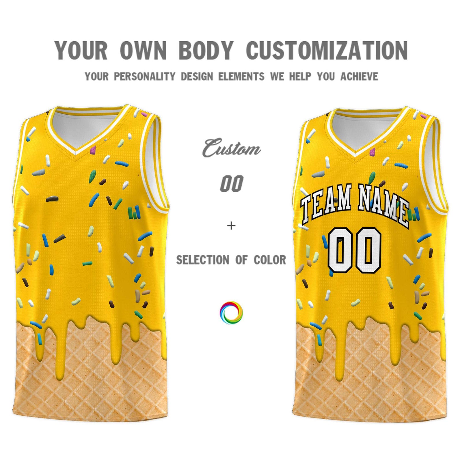 Custom Yellow Basketball Kits with Ice Cream Element Pattern