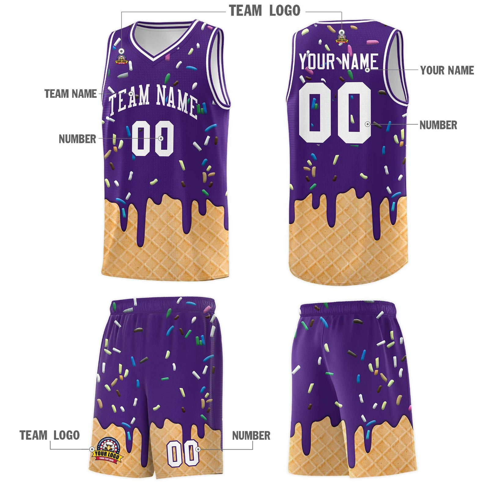 Custom Purple Basketball Kits with Ice Cream Element Pattern