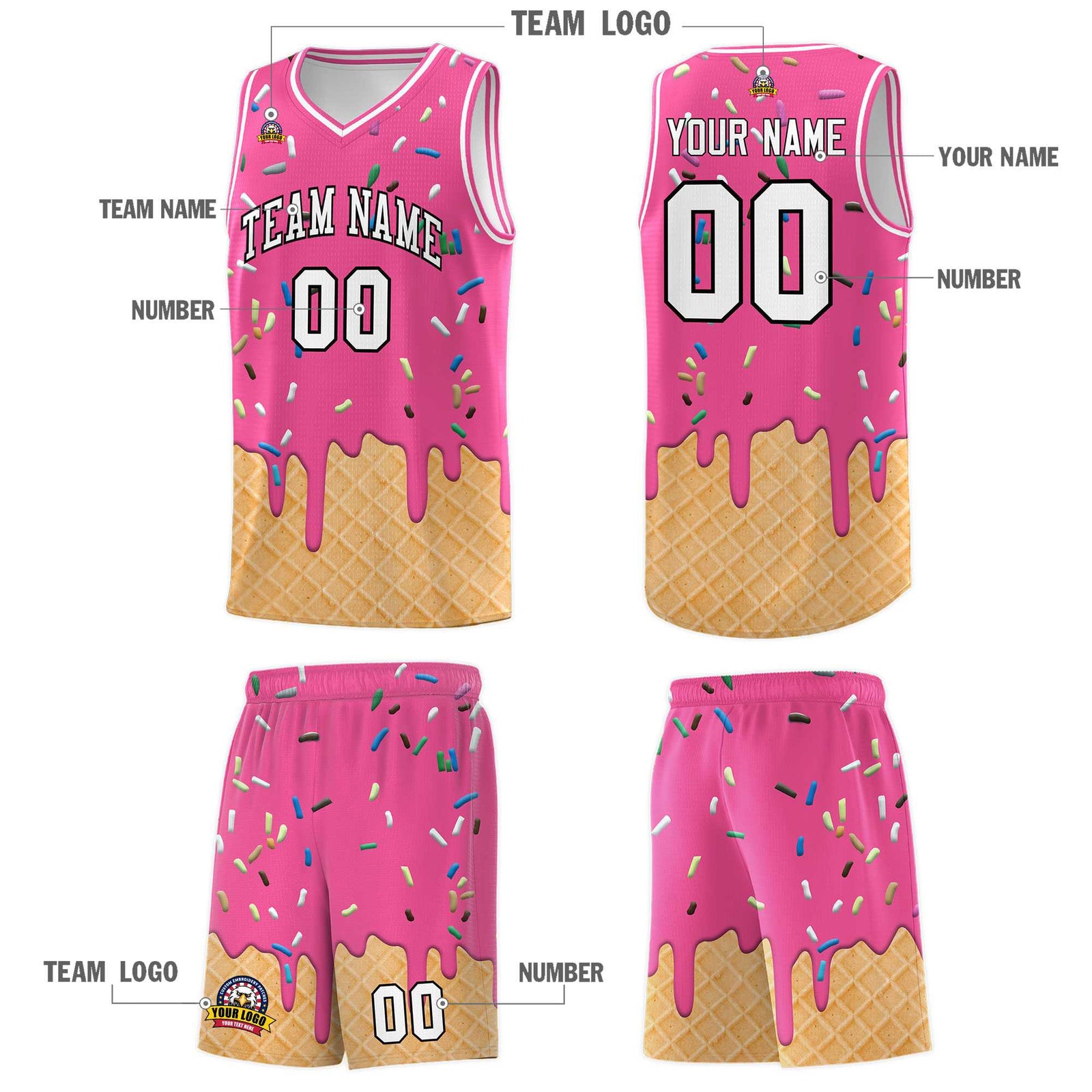 Custom Pink Basketball Kits with Ice Cream Element Pattern