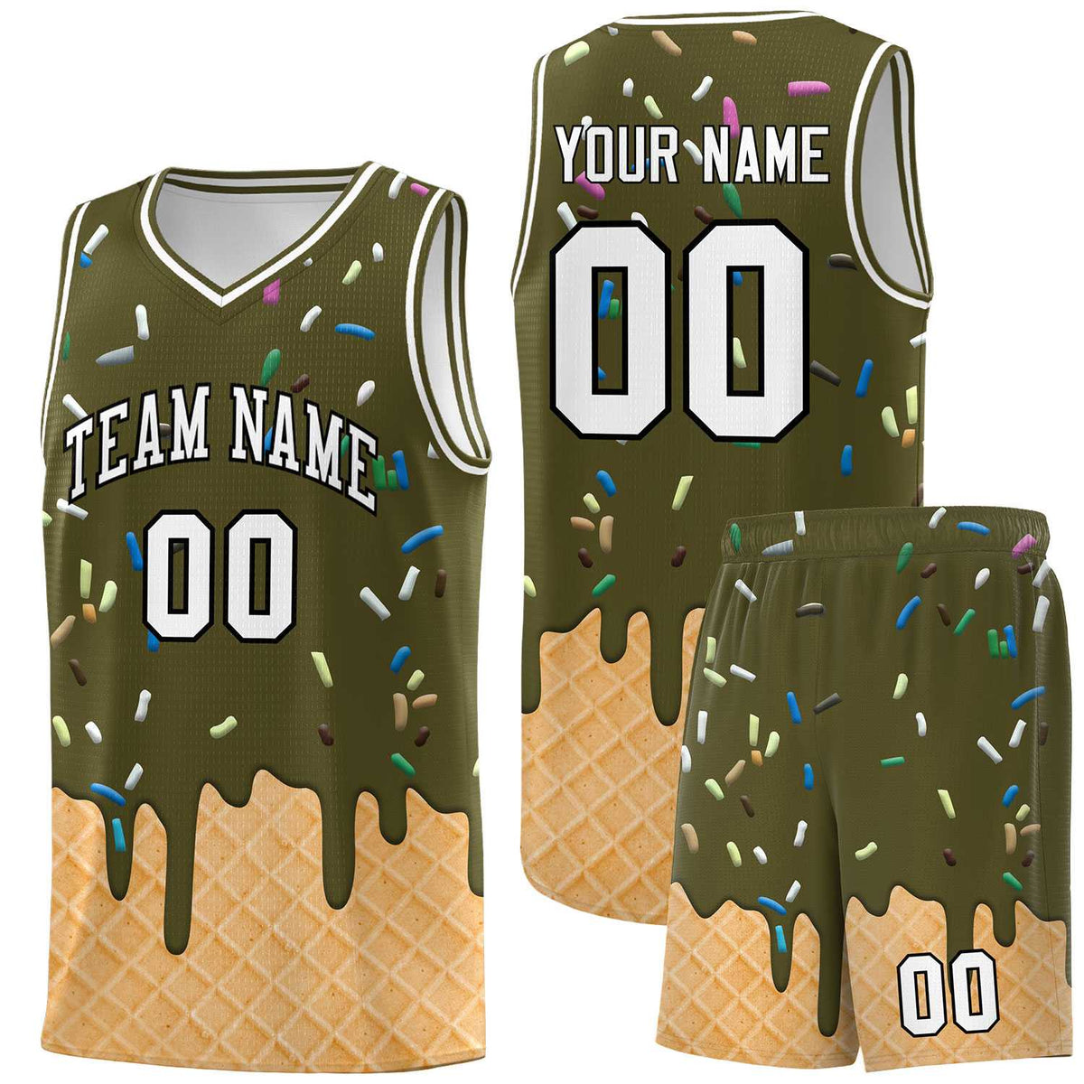 Custom Olive Basketball Kits with Ice Cream Element Pattern