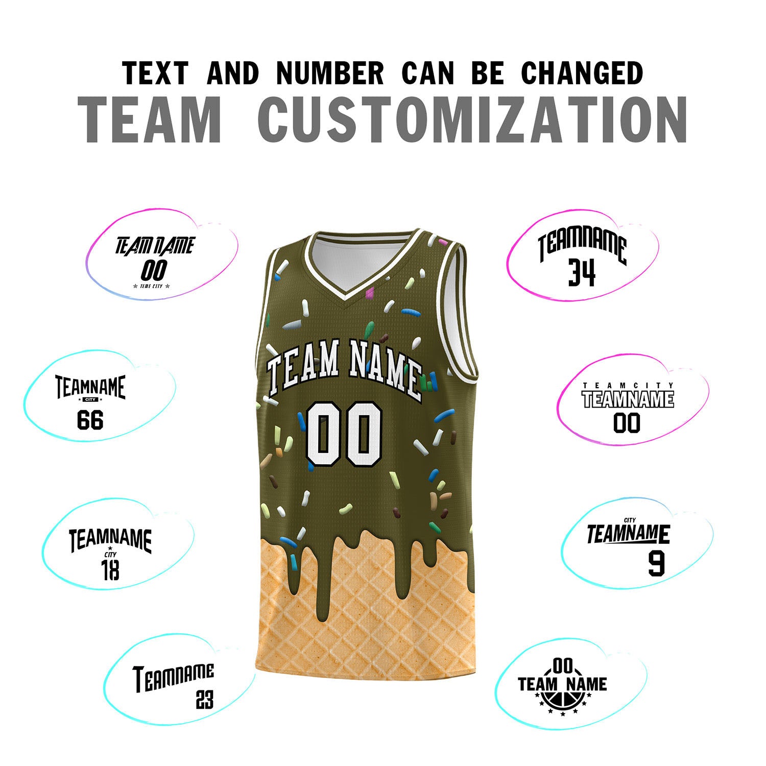 Custom Olive Basketball Kits with Ice Cream Element Pattern
