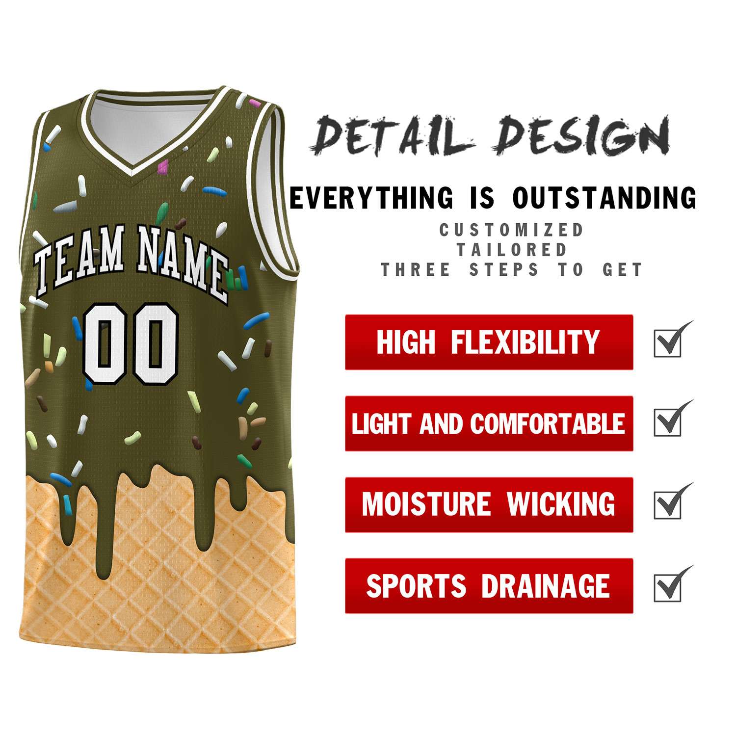 Custom Olive Basketball Kits with Ice Cream Element Pattern