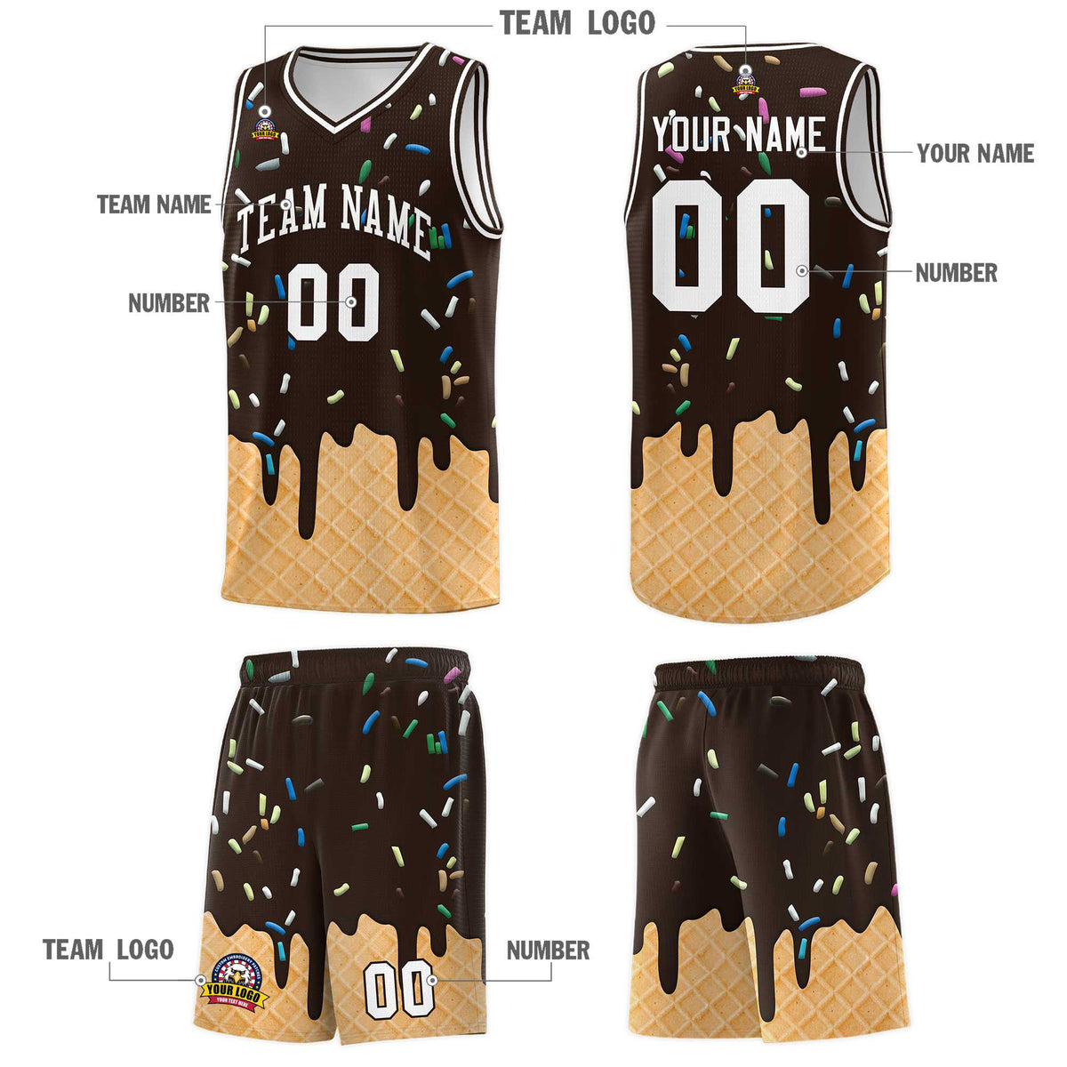 Custom Brown Basketball Kits with Ice Cream Element Pattern