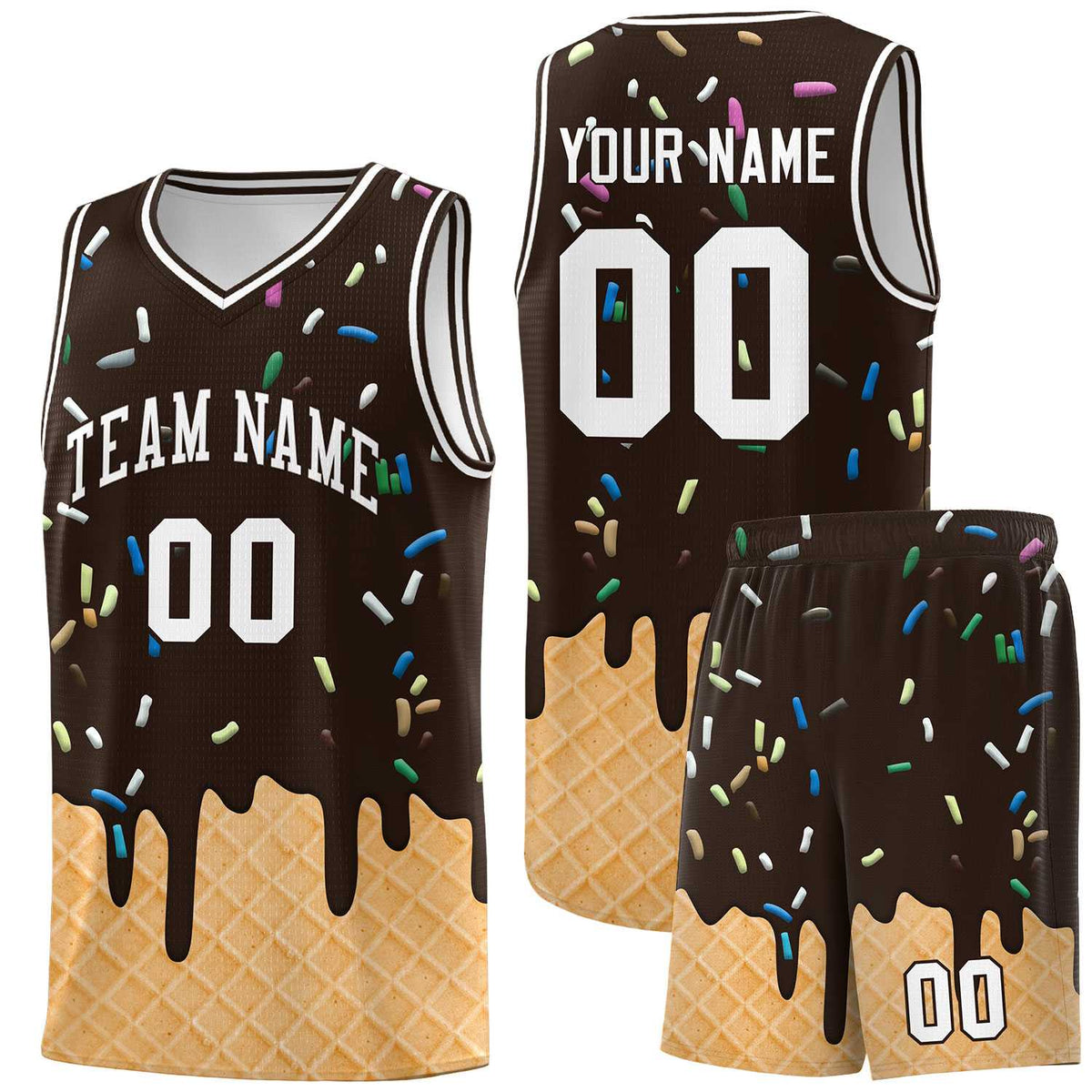 Custom Brown Basketball Kits with Ice Cream Element Pattern