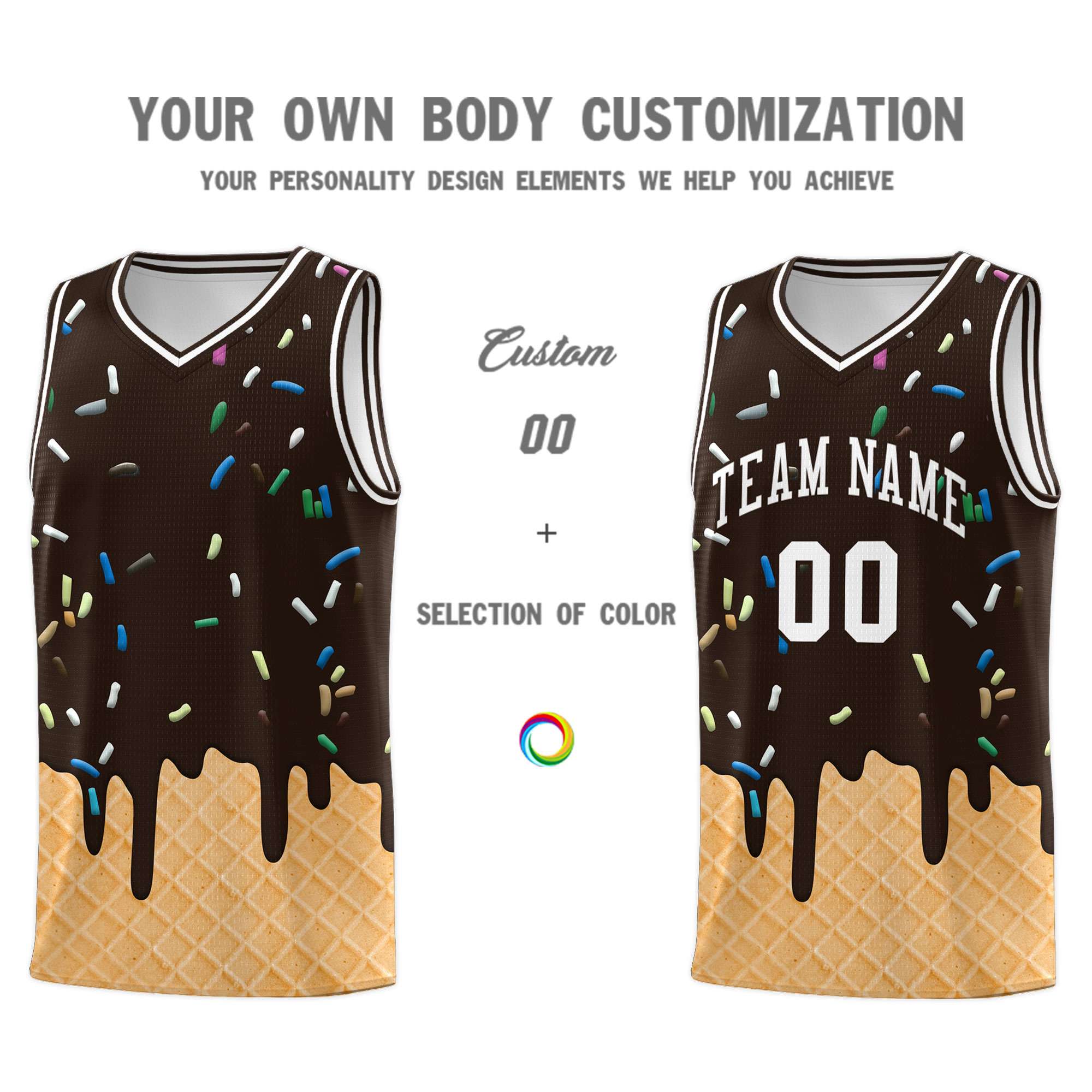 Custom Brown Basketball Kits with Ice Cream Element Pattern