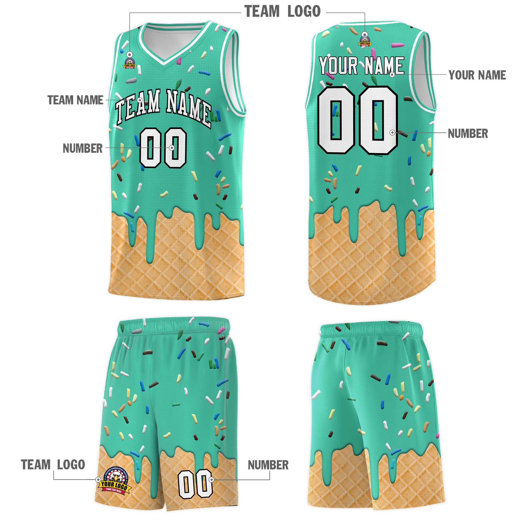 Custom Olive Basketball Kits with Ice Cream Element Pattern