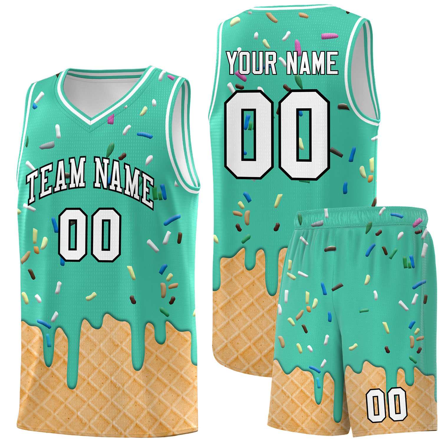 Custom Olive Basketball Kits with Ice Cream Element Pattern