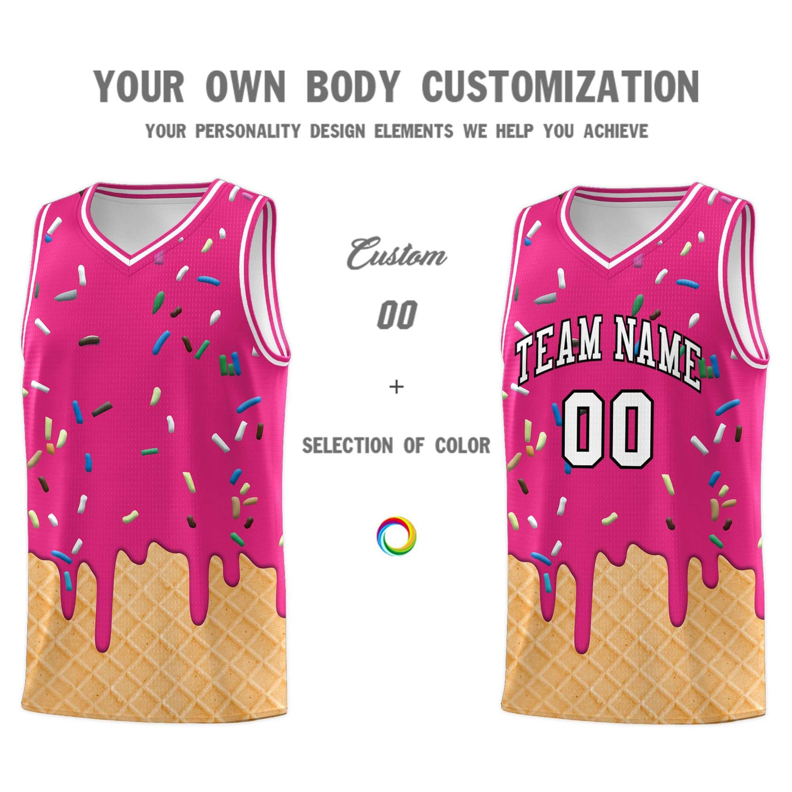 Custom Rose Red Basketball Kits with Ice Cream Element Pattern