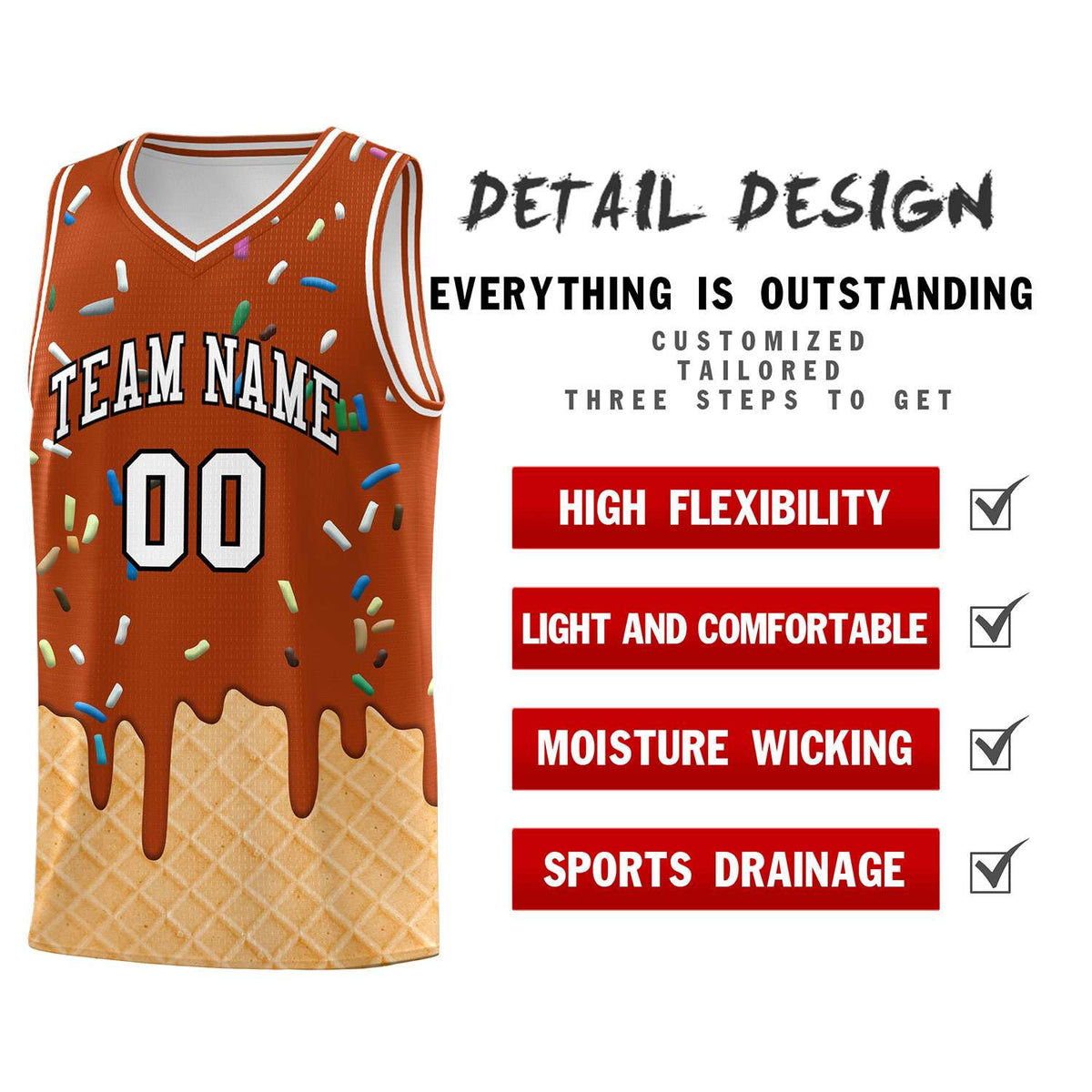 Custom Dark Orange Basketball Kits with Ice Cream Element Pattern
