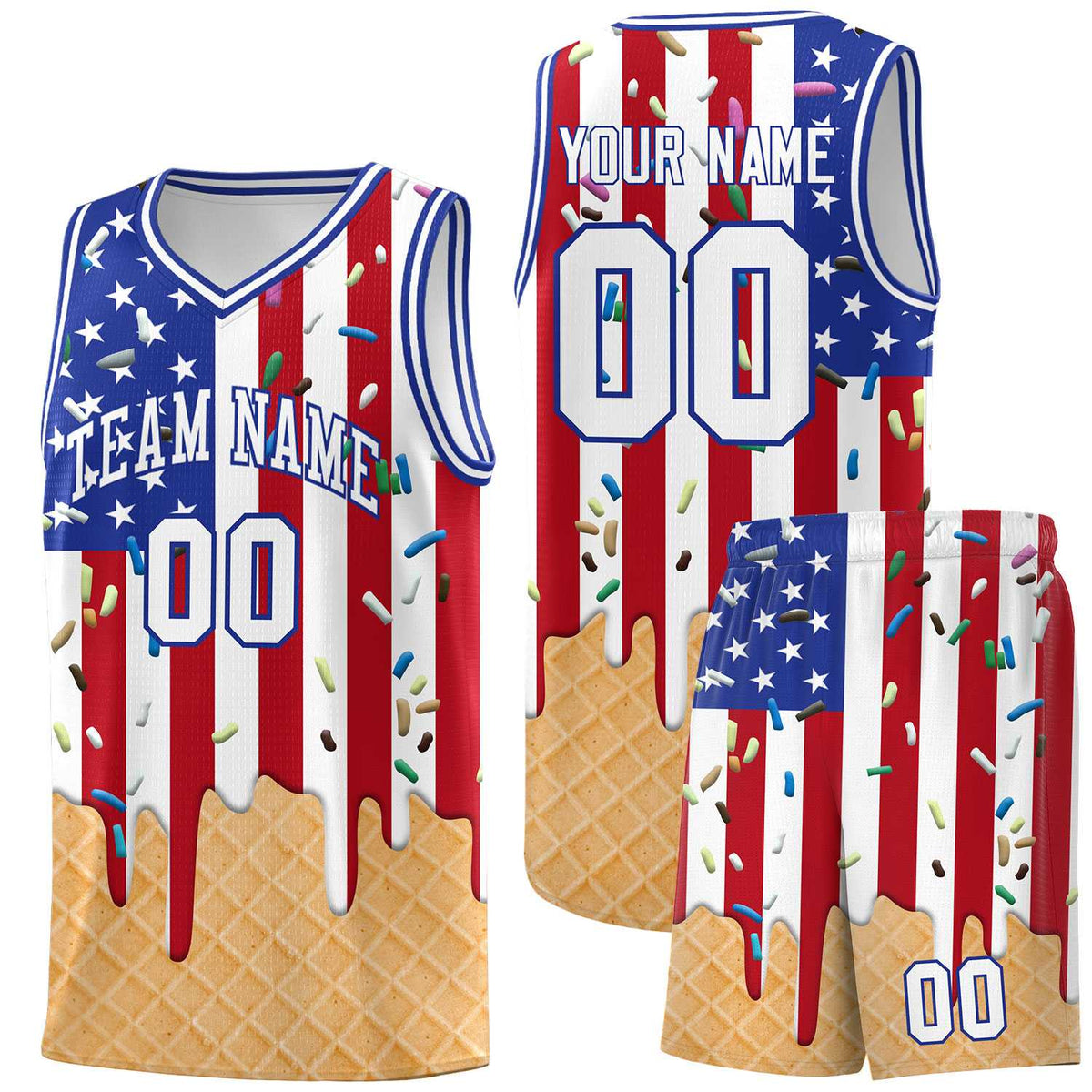 Custom American Flag Basketball Kits with Ice Cream Element Pattern