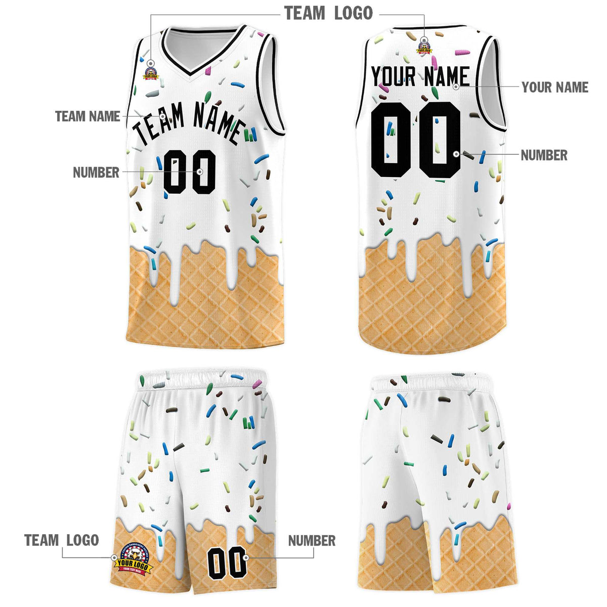 Custom White Basketball Kits with Ice Cream Element Pattern