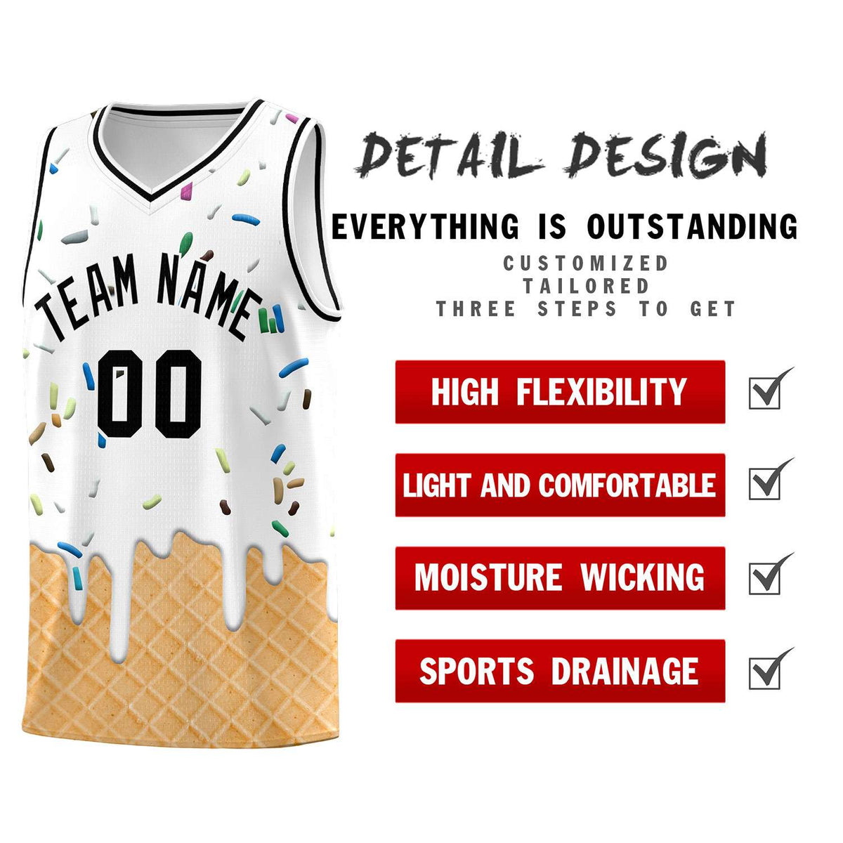Custom White Basketball Kits with Ice Cream Element Pattern