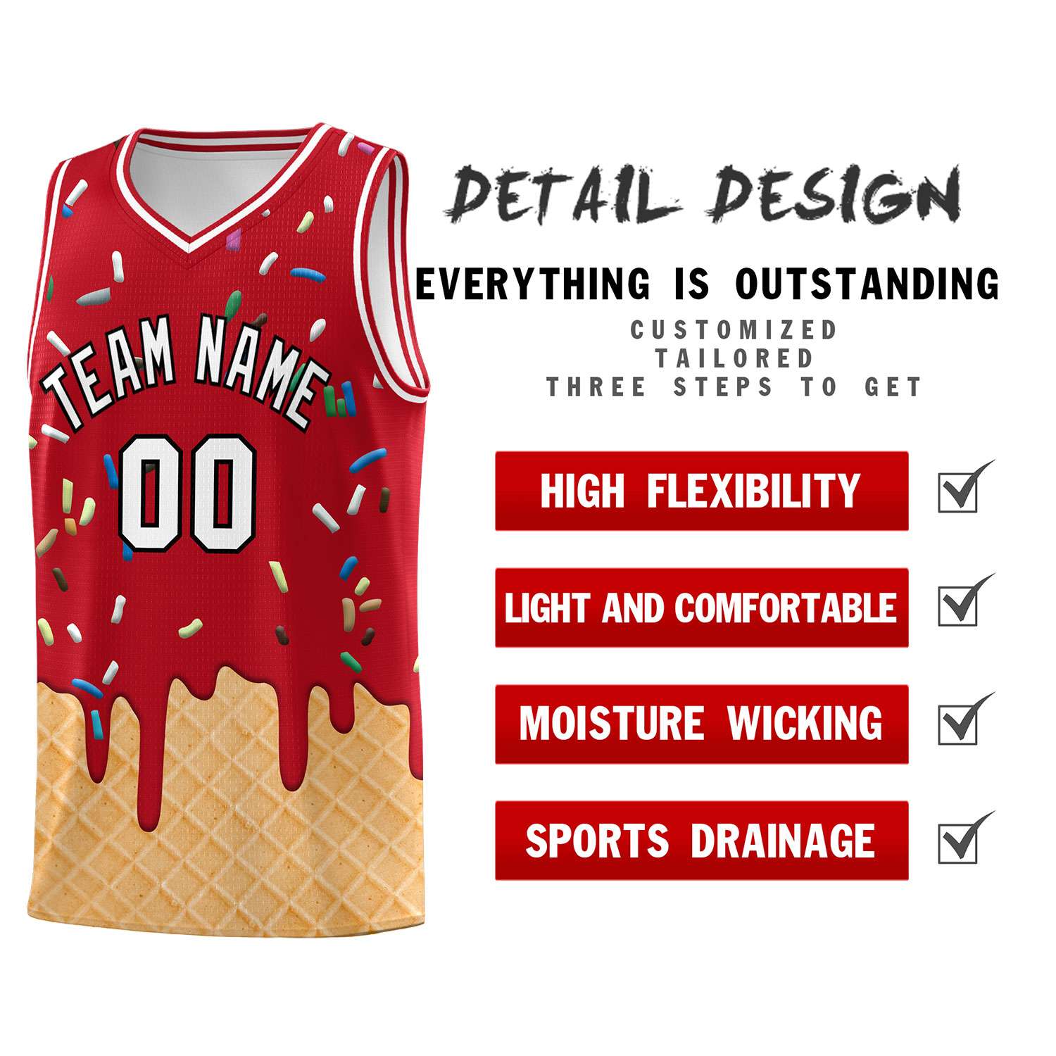 Custom Red Basketball Kits with Ice Cream Element Pattern