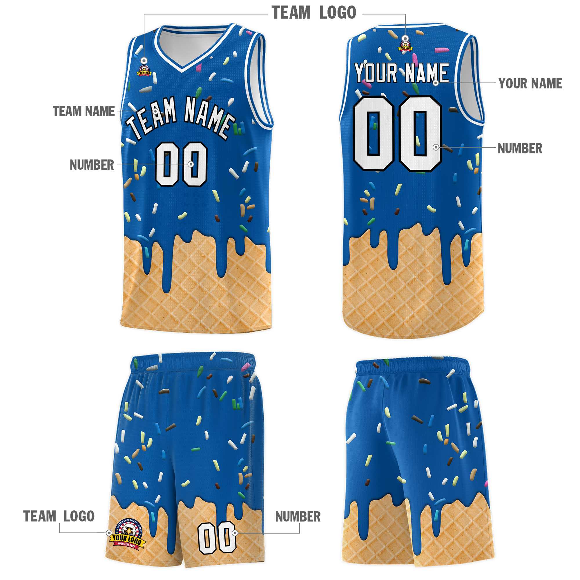 Custom Royal Basketball Kits with Ice Cream Element Pattern