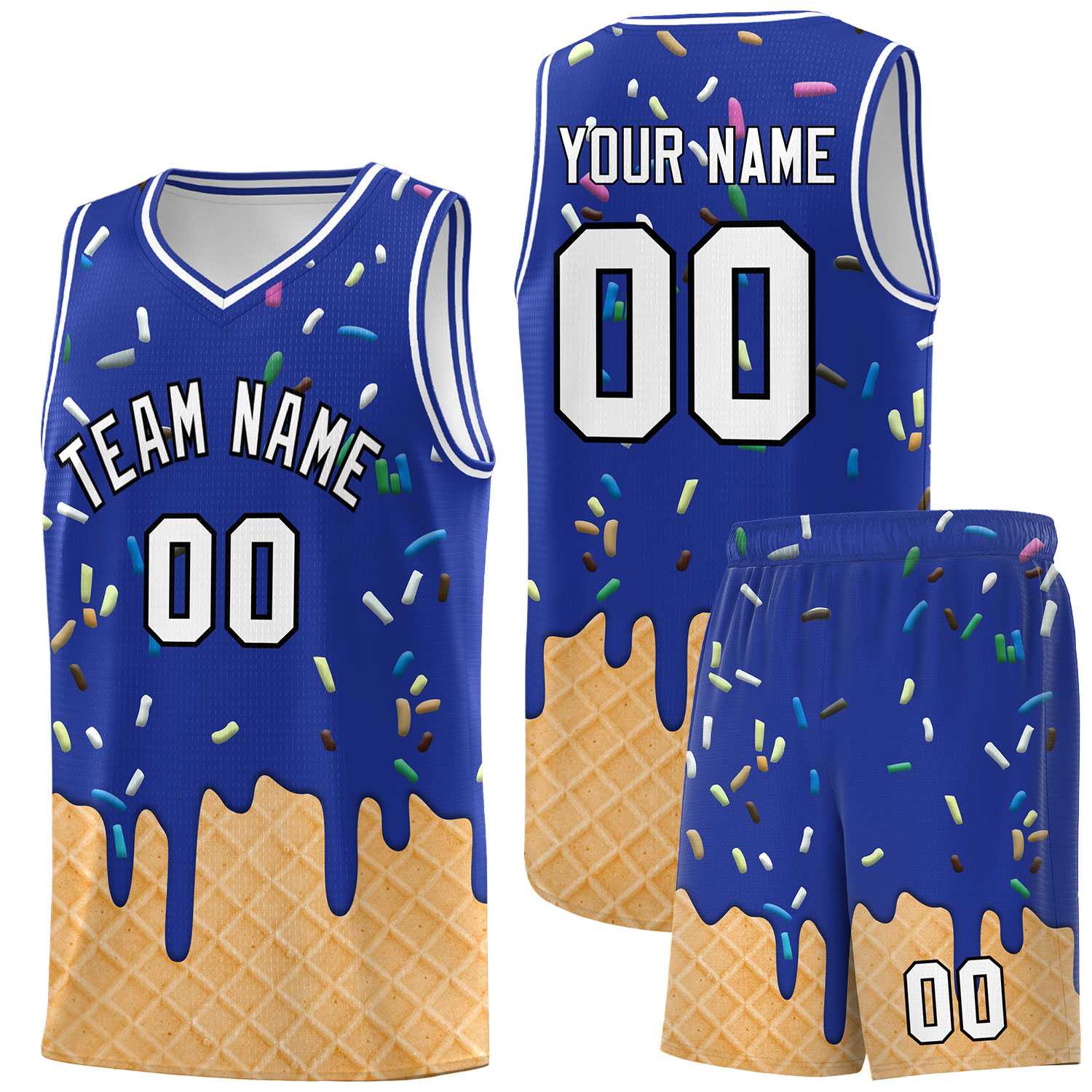 Custom Royal Blue Basketball Kits with Ice Cream Element Pattern