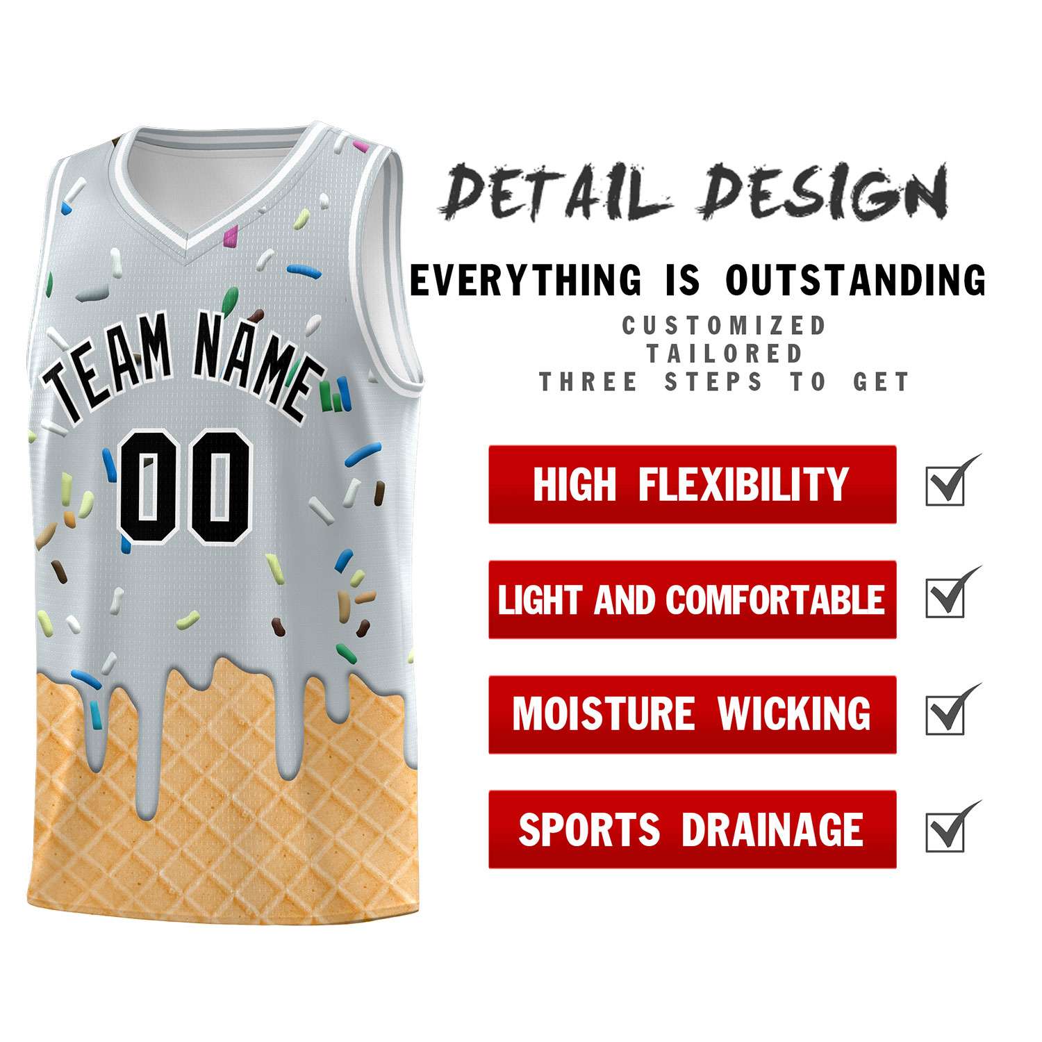 Custom Silver Basketball Kits with Ice Cream Element Pattern