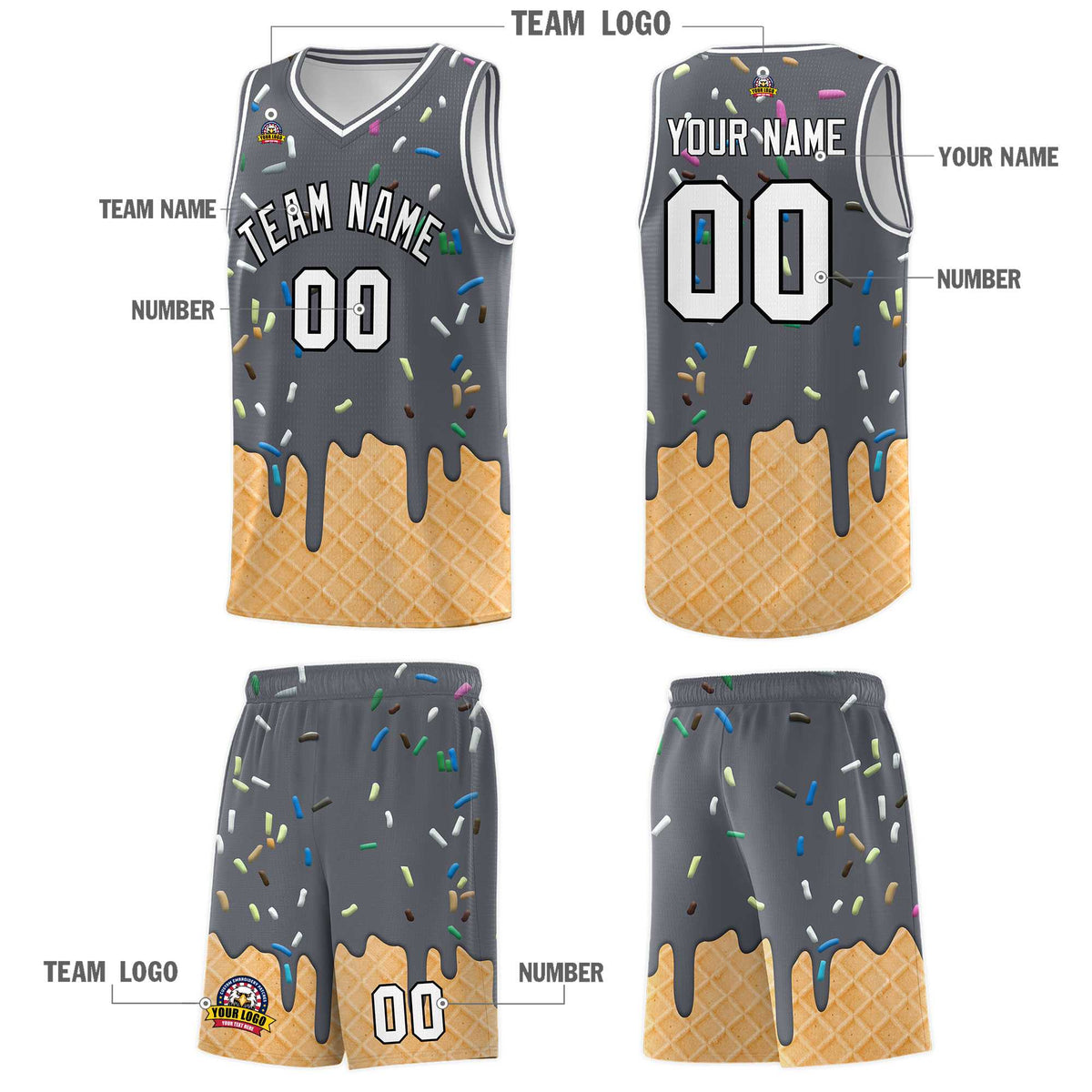 Custom Gray Basketball Kits with Ice Cream Element Pattern