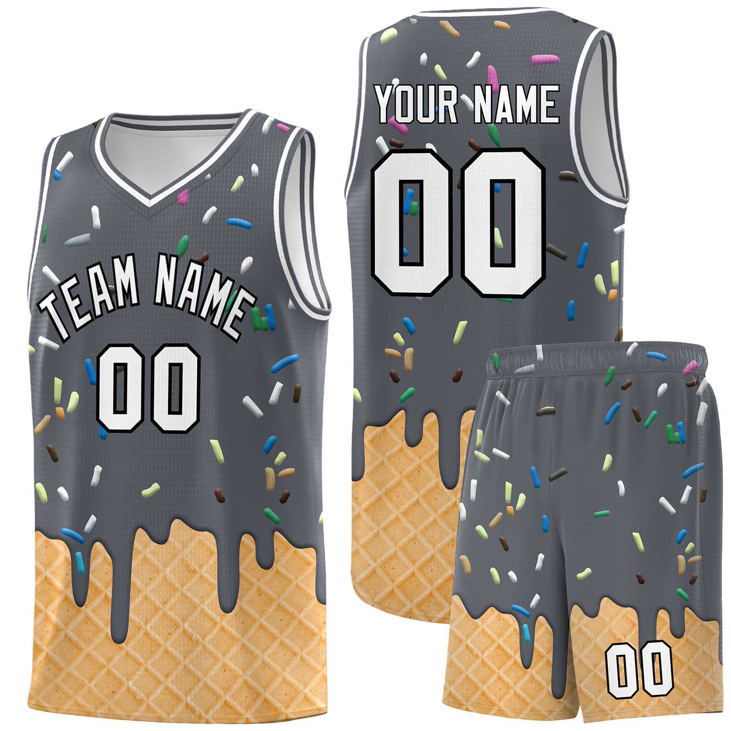 Custom Gray Basketball Kits with Ice Cream Element Pattern
