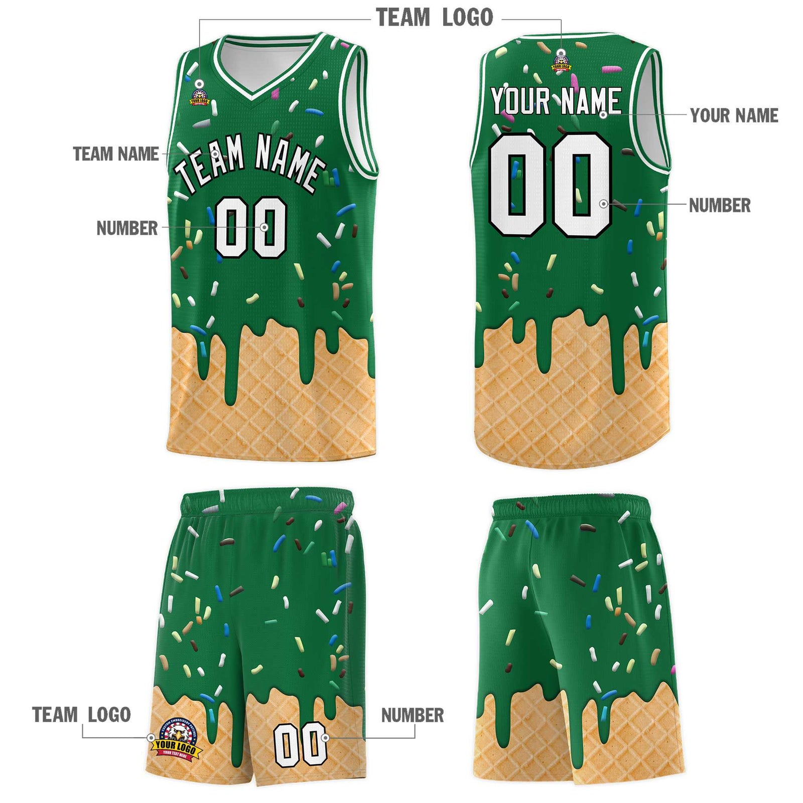 Custom Kelly Green Basketball Kits with Ice Cream Element Pattern