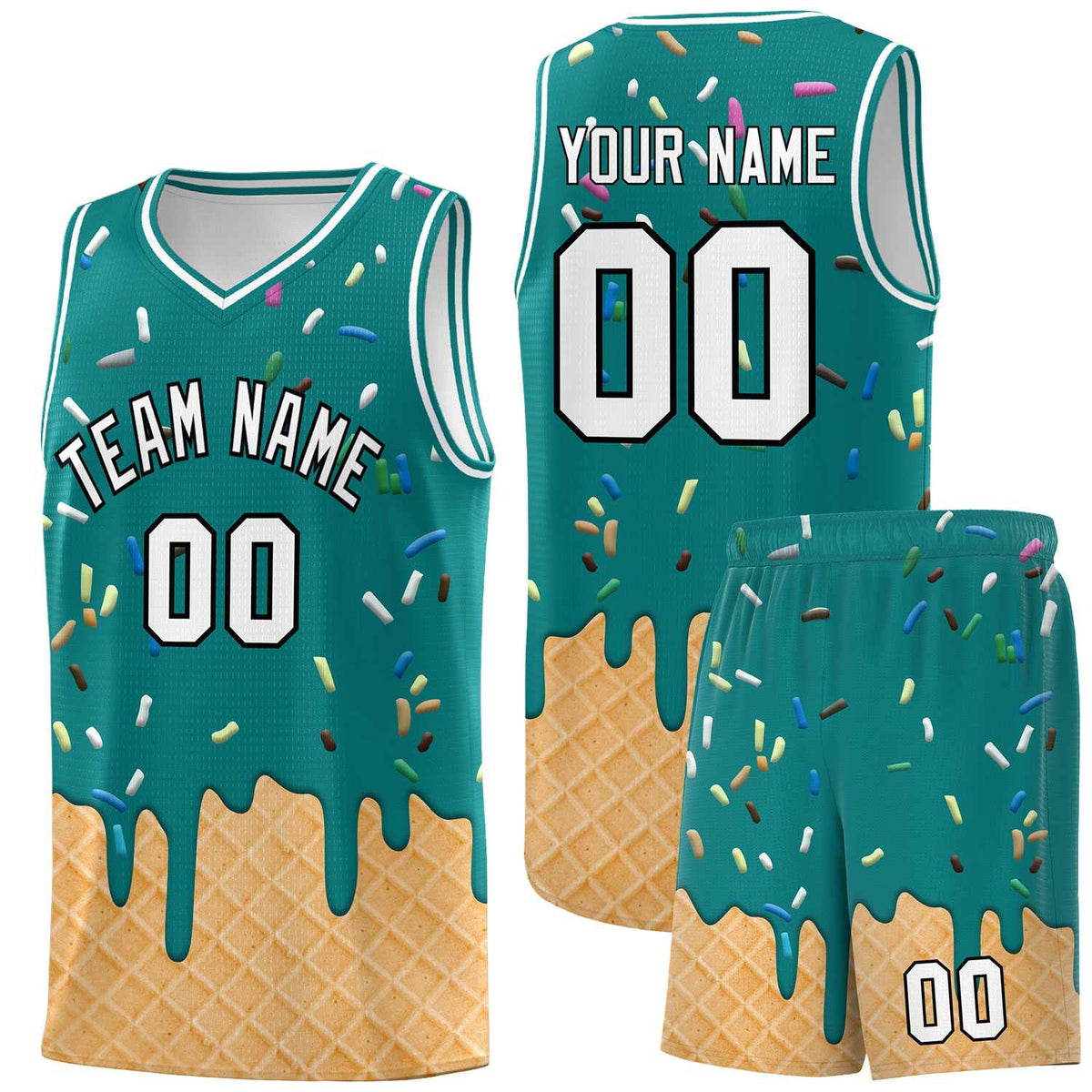 Custom Teal Basketball Kits with Ice Cream Element Pattern