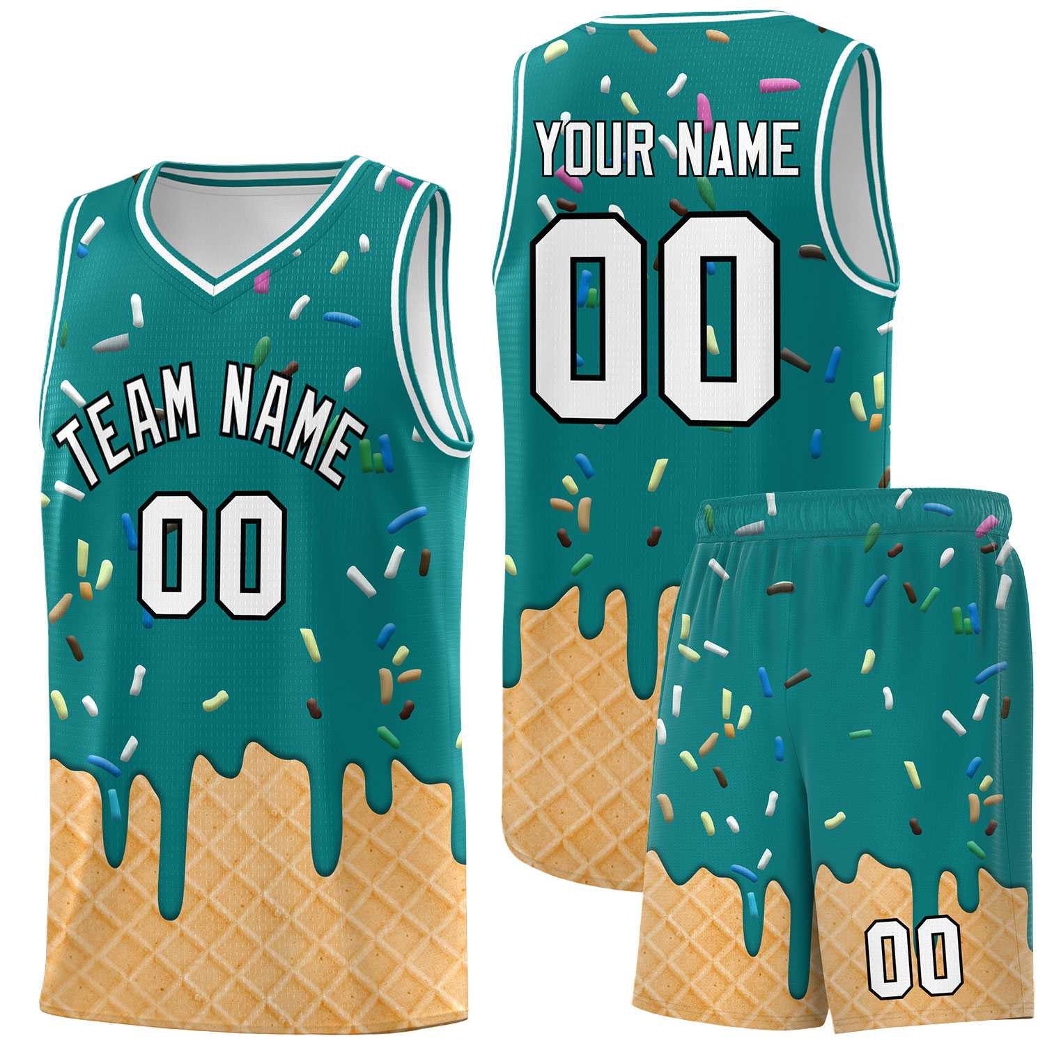 Custom Teal Basketball Kits with Ice Cream Element Pattern